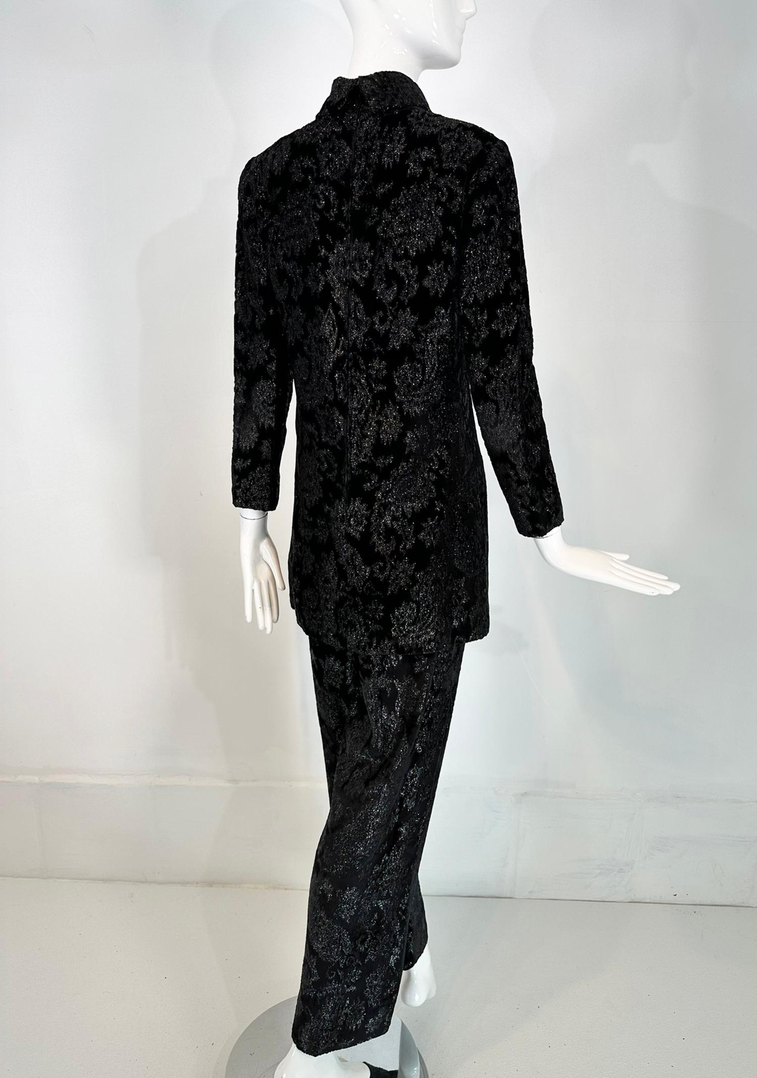 Givenchy Black Princess Seam Glittery Paisley Cut Velvet Tunic & Pant Set 1970s For Sale 3