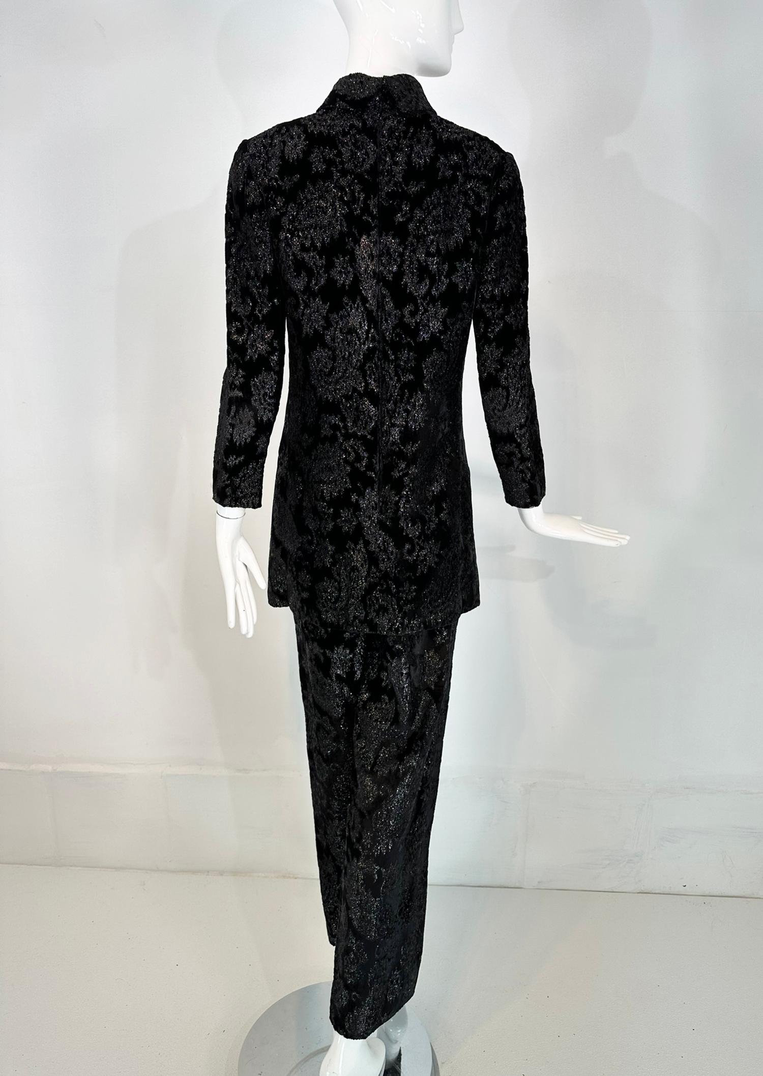 Givenchy Black Princess Seam Glittery Paisley Cut Velvet Tunic & Pant Set 1970s For Sale 4