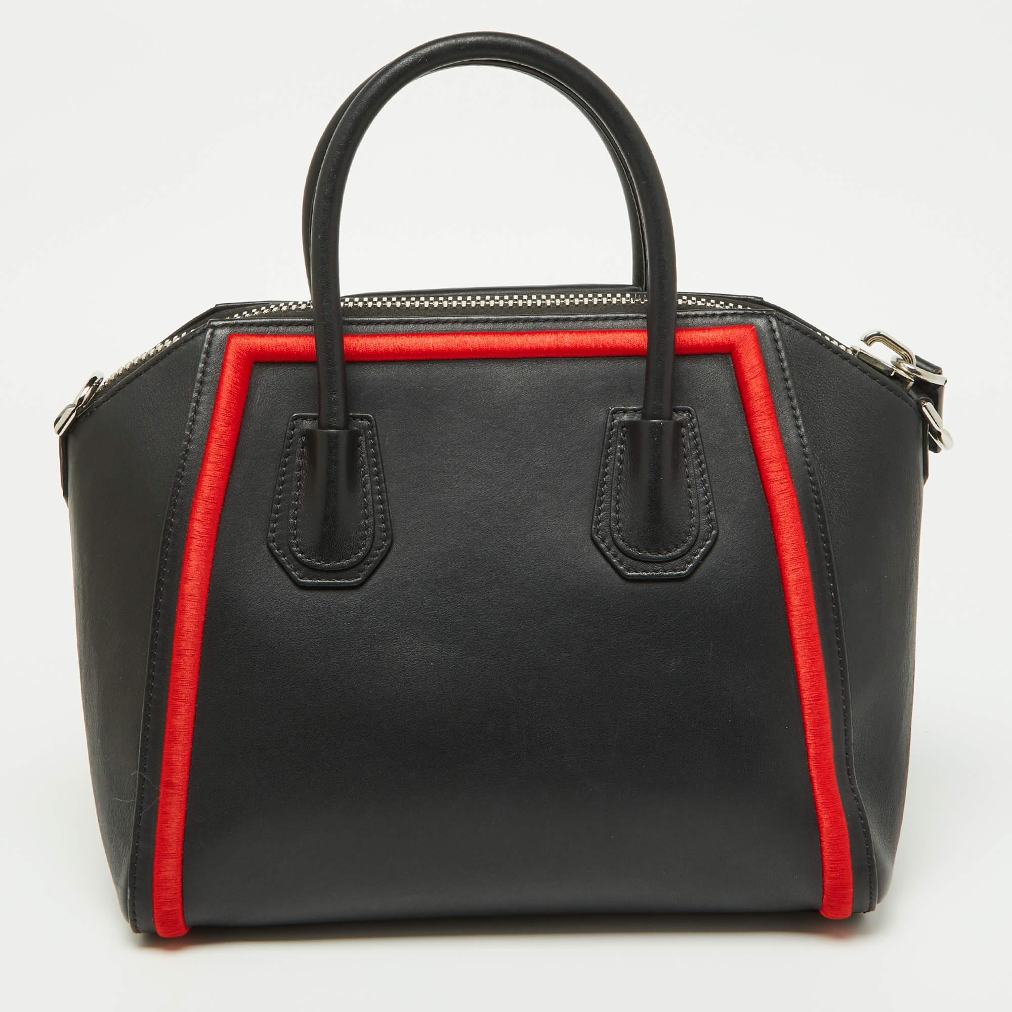 Givenchy Black/Red Leather and Faux Fur Small Embroidered Antigona Satchel 9