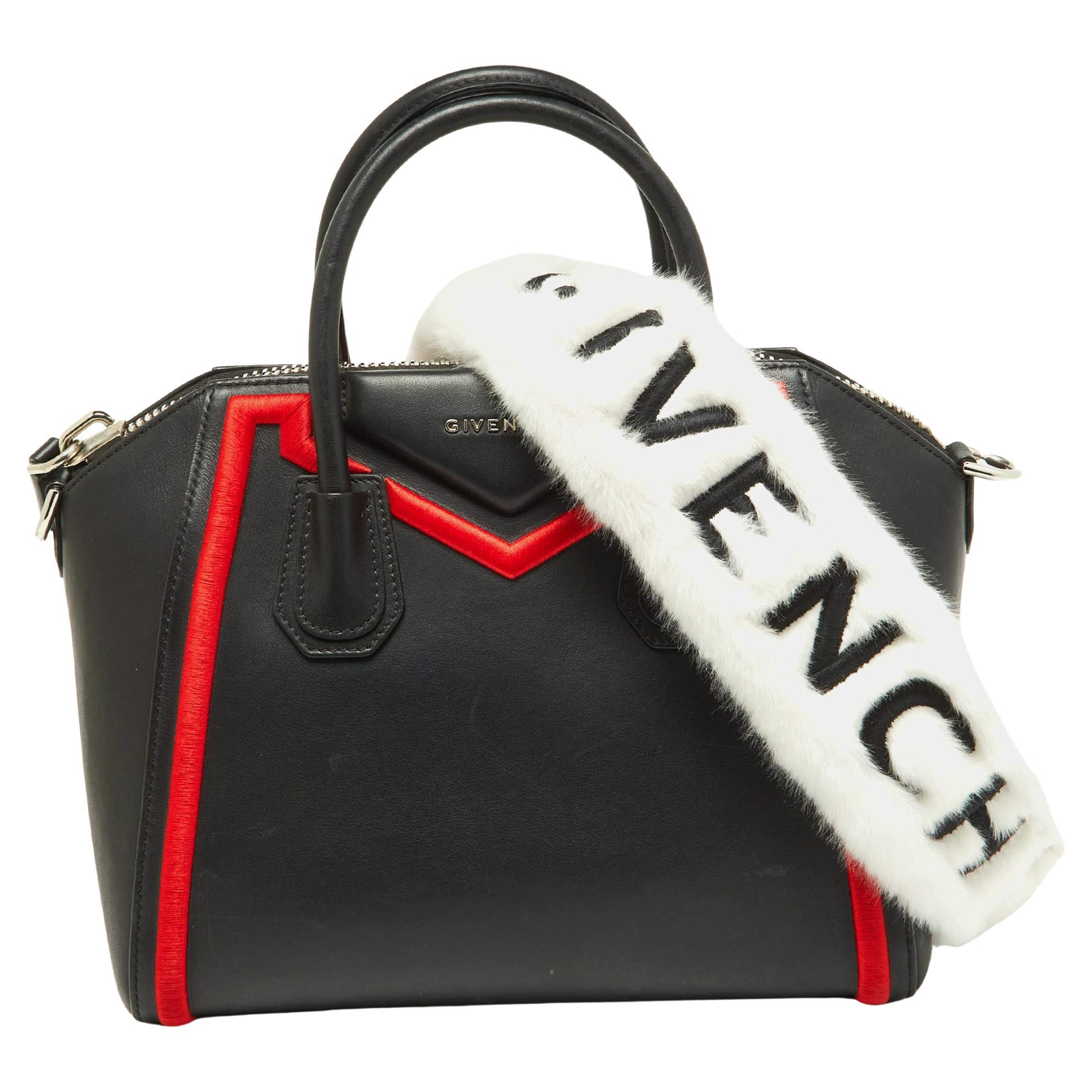 Givenchy Black/Red Leather and Faux Fur Small Embroidered Antigona Satchel