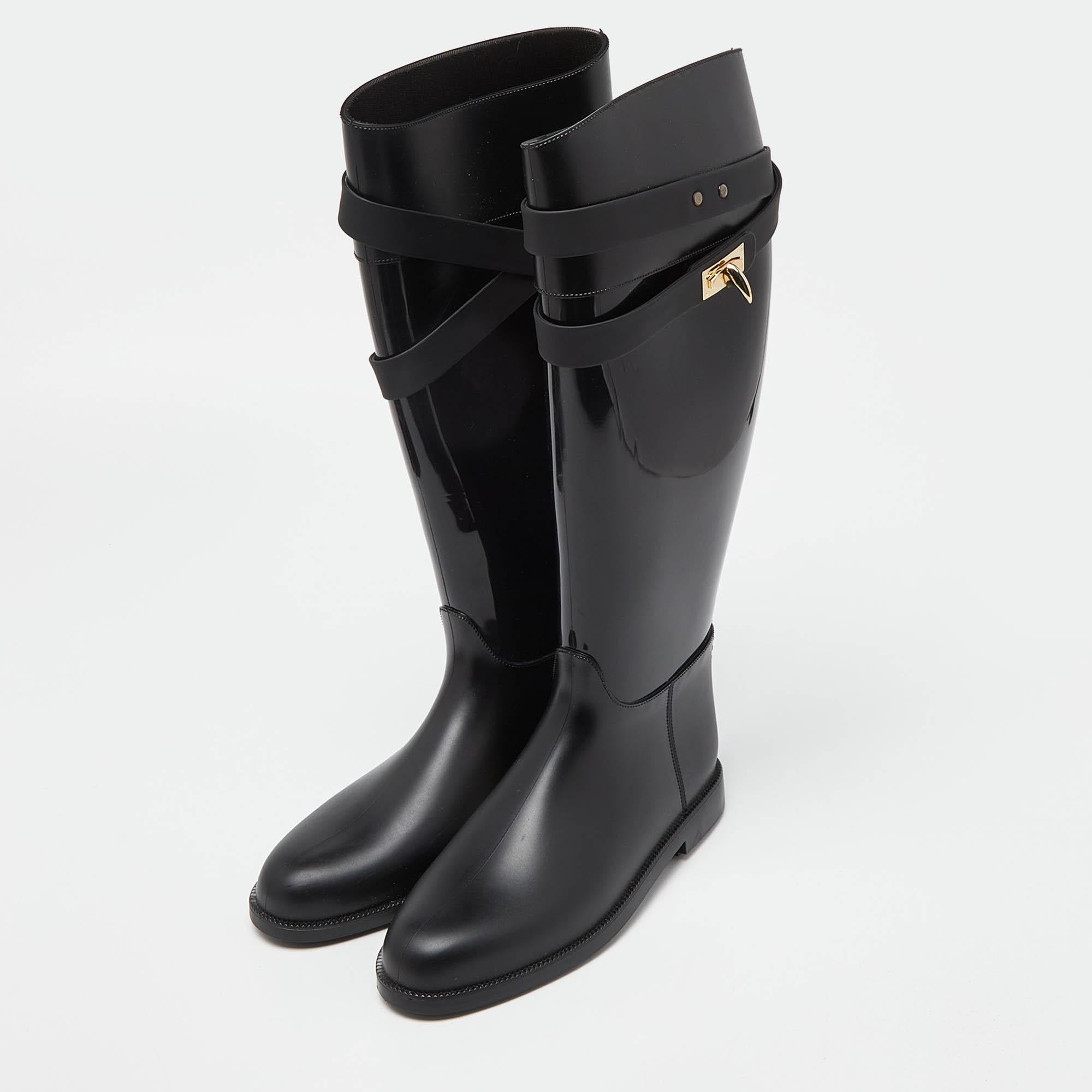 Women's Givenchy Black Rubber Shark Lock Flat Knee Boots Size 39 For Sale