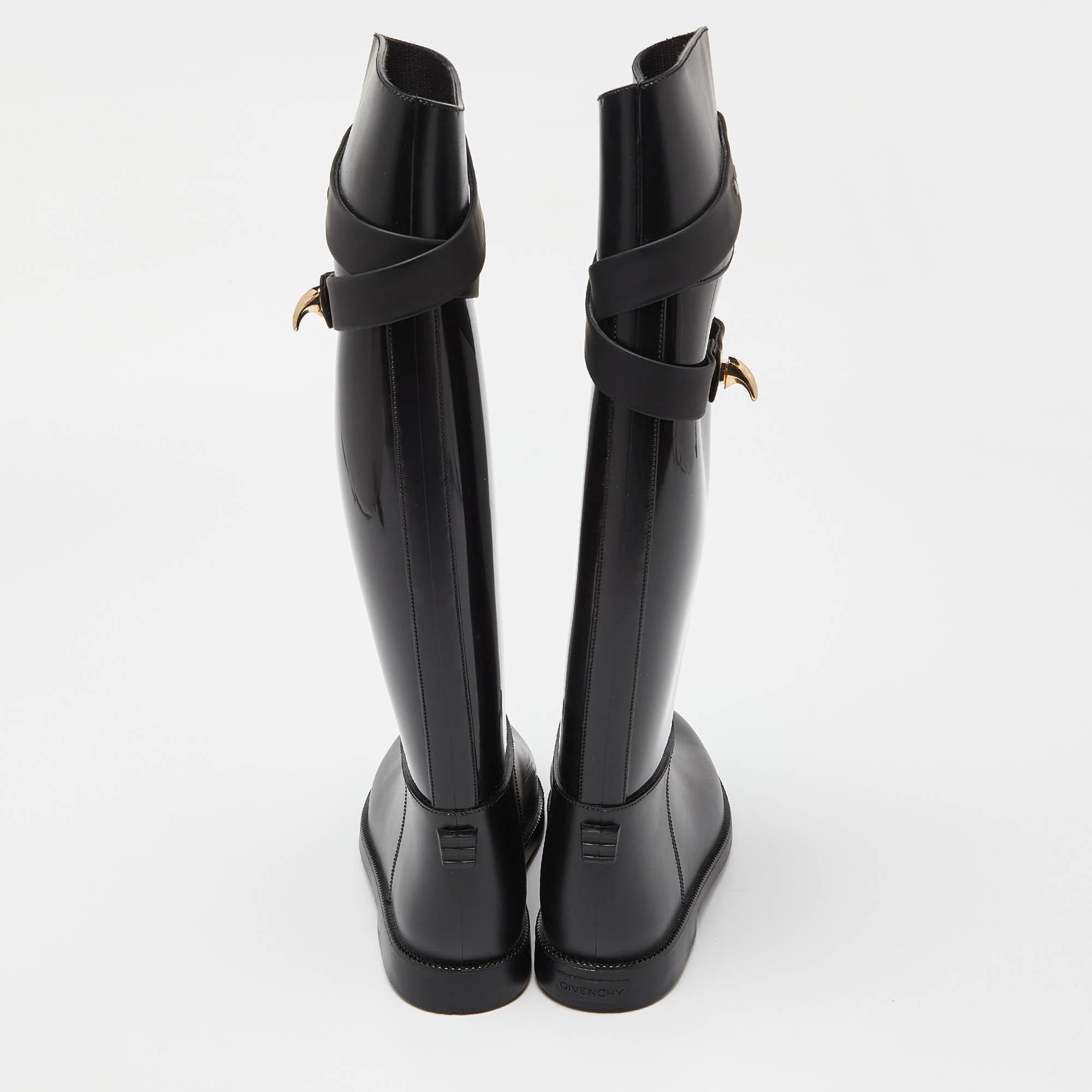 Givenchy Black Rubber Shark Lock Flat Knee Boots Size 39 For Sale 3