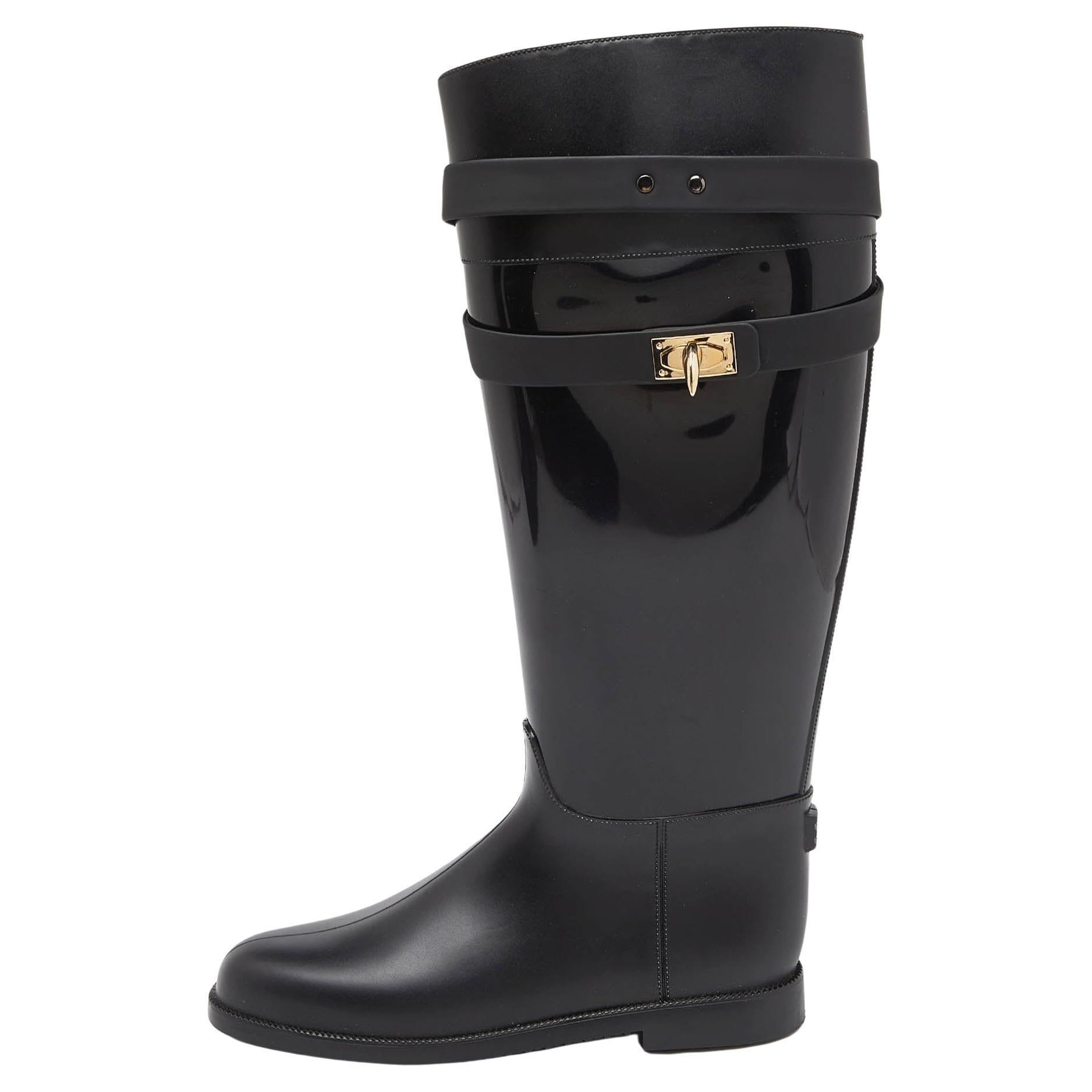 Givenchy Black Rubber Shark Lock Flat Knee Boots Size 39 For Sale