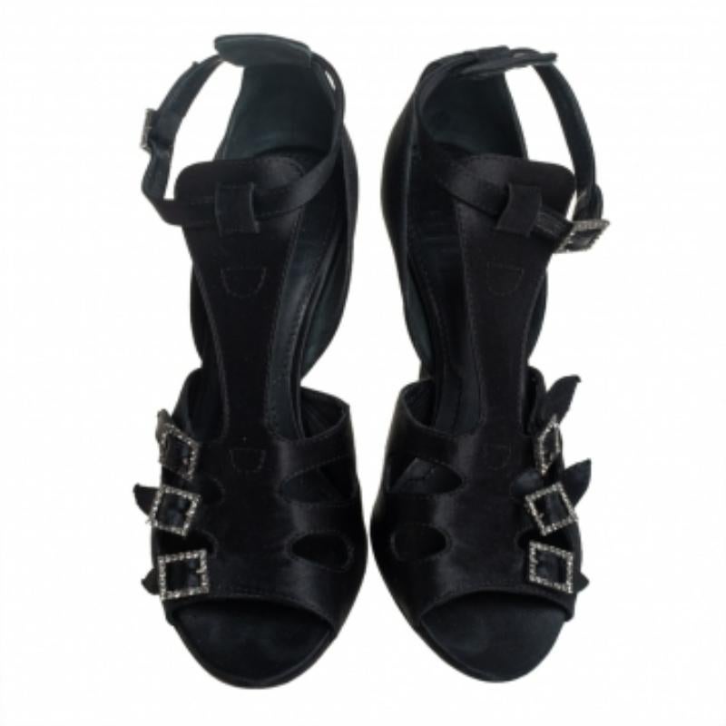 Women's Givenchy Black Satin Cystal Buckle Embellished T-Strap Open Toe Sandals Size 38 For Sale