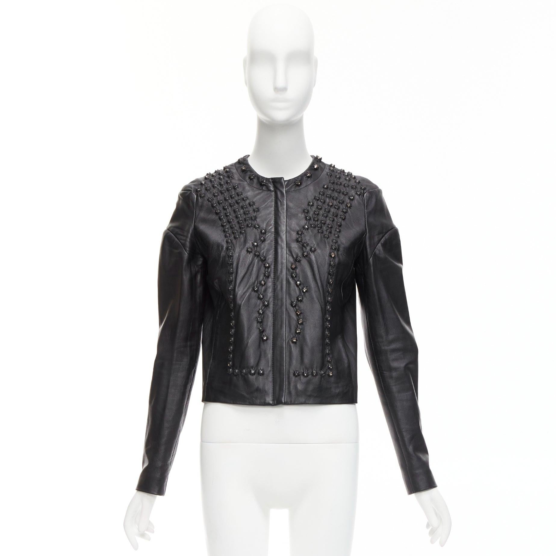 GIVENCHY black sheepskin clear crystal studded cropped leather jacket FR38 M For Sale 6