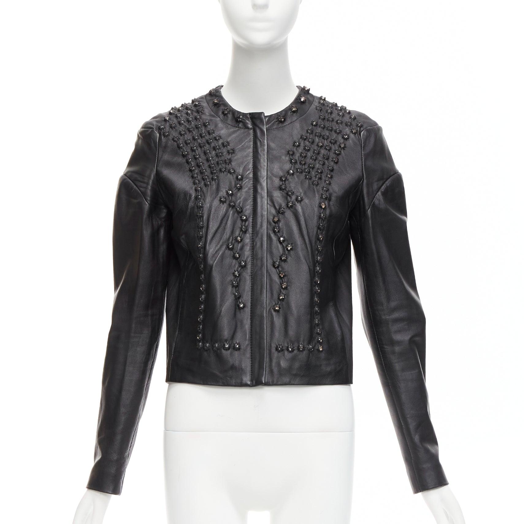 GIVENCHY black sheepskin clear crystal studded cropped leather jacket FR38 M In Good Condition For Sale In Hong Kong, NT