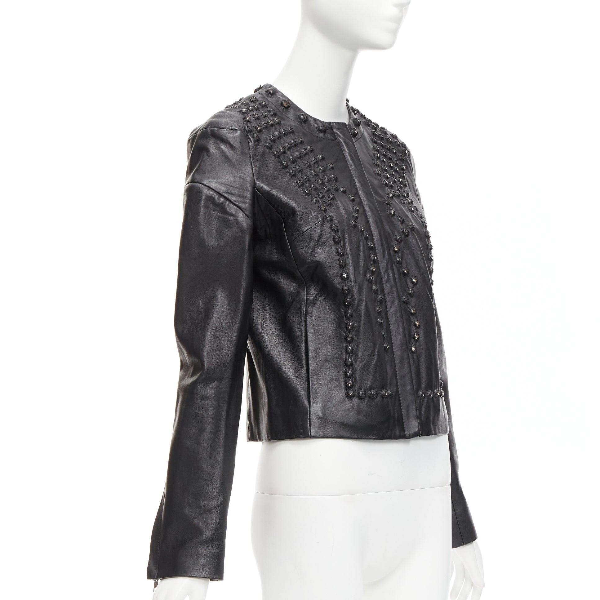 Women's GIVENCHY black sheepskin clear crystal studded cropped leather jacket FR38 M For Sale