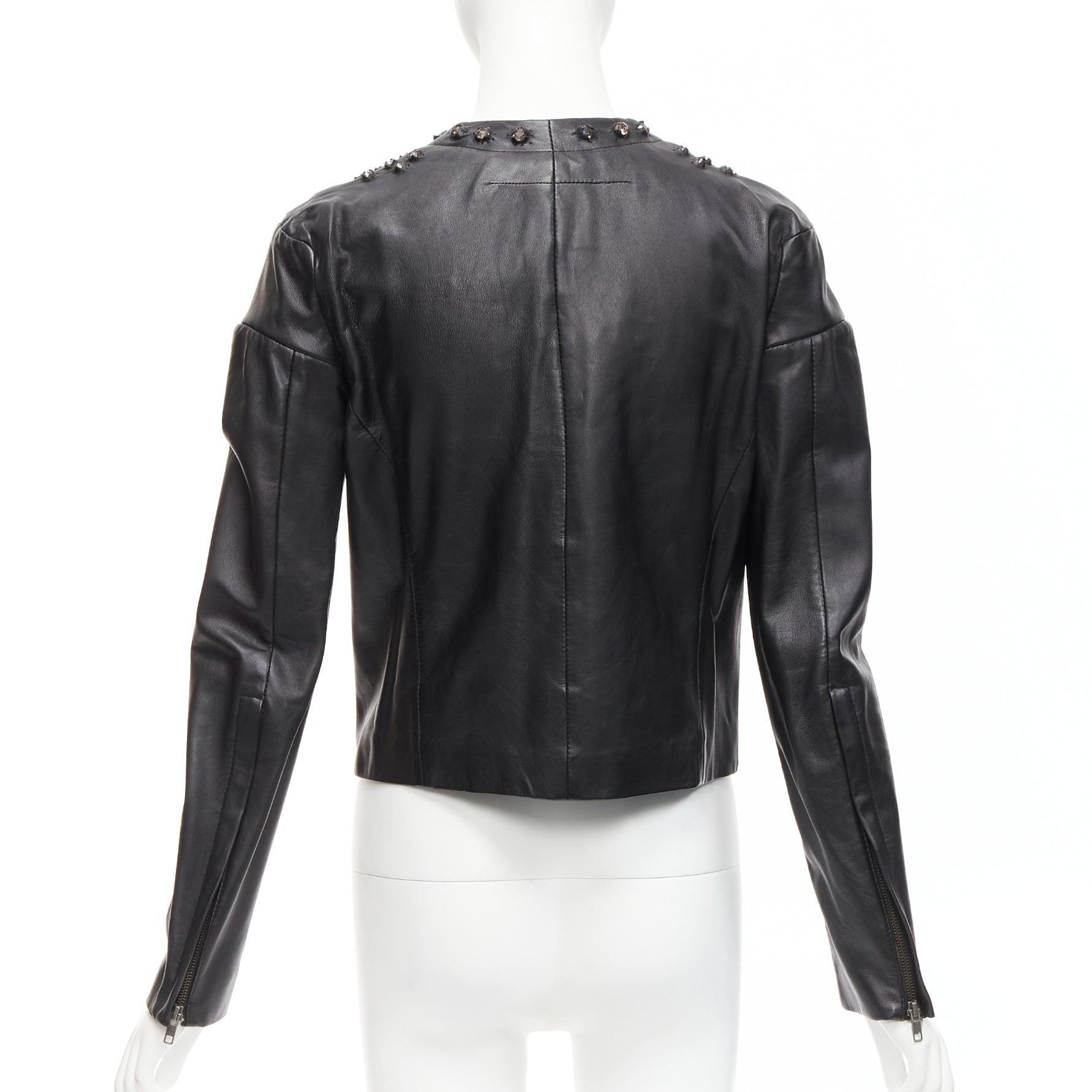 GIVENCHY black sheepskin clear crystal studded cropped leather jacket FR38 M For Sale 1