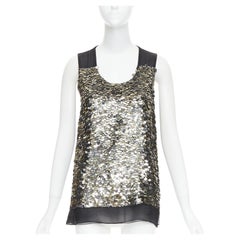 GIVENCHY black sheer silk lined iridescent sequinned illusion top L