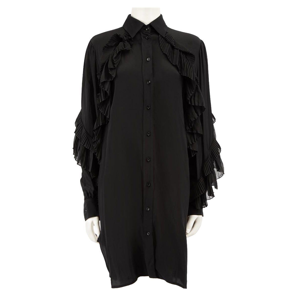 Givenchy Black Silk Pleated Ruffle Shirt Dress Size M