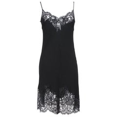 GIVENCHY Black Silk Slip Dress Lace Spaghetti Strap Knee Length Sz 38