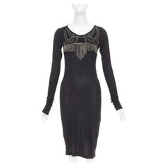 GIVENCHY Schwarzes, silbernes, mit Kristallkettenfransen verziertes Modalkleid XS