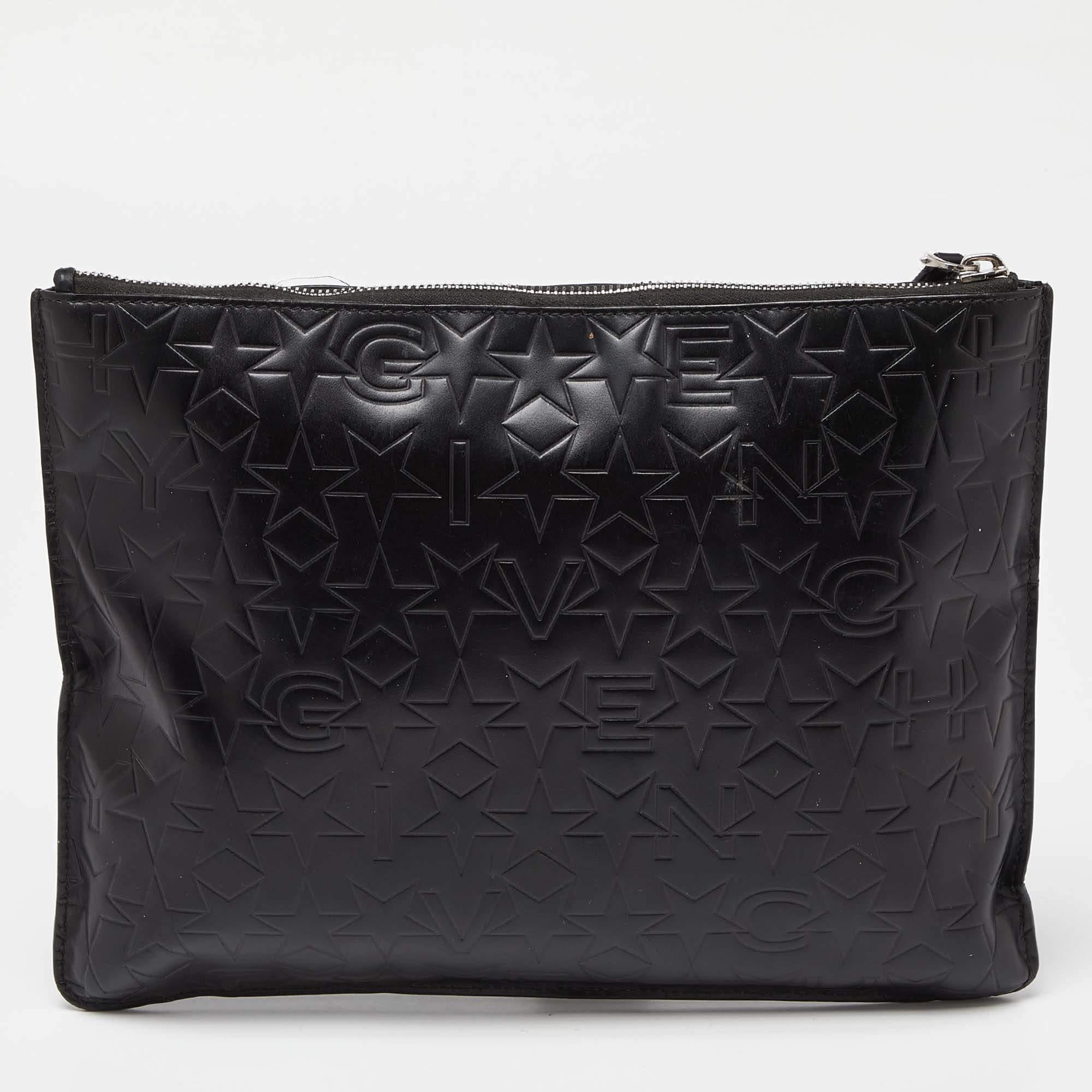Givenchy Black Star Embossed Leather Zip Clutch For Sale 6