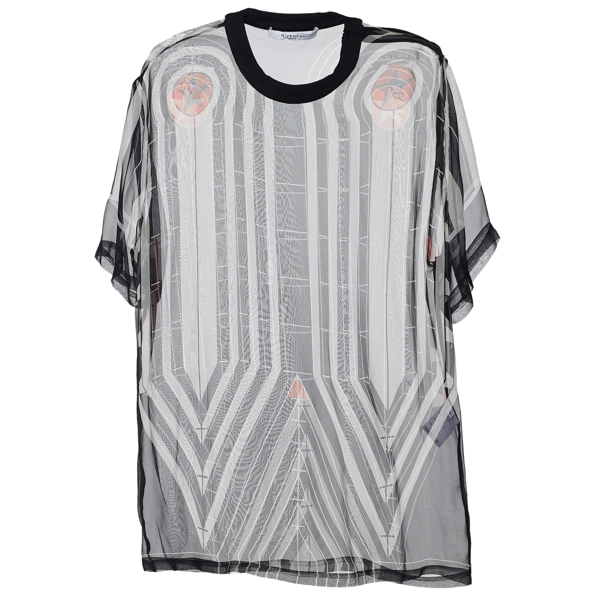 Givenchy Black Stripe Print Silk Sheer Blouse L