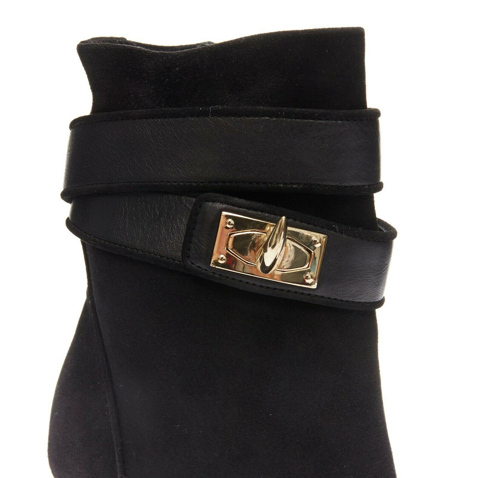 GIVENCHY black suede gold shark tooth lock clasp closure wedge booties EU36.5 4
