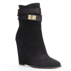 GIVENCHY black suede gold shark tooth lock clasp closure wedge booties EU36.5