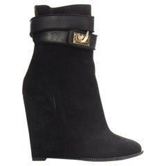 GIVENCHY black suede gold shark tooth lock clasp closure wedge booties EU36.5