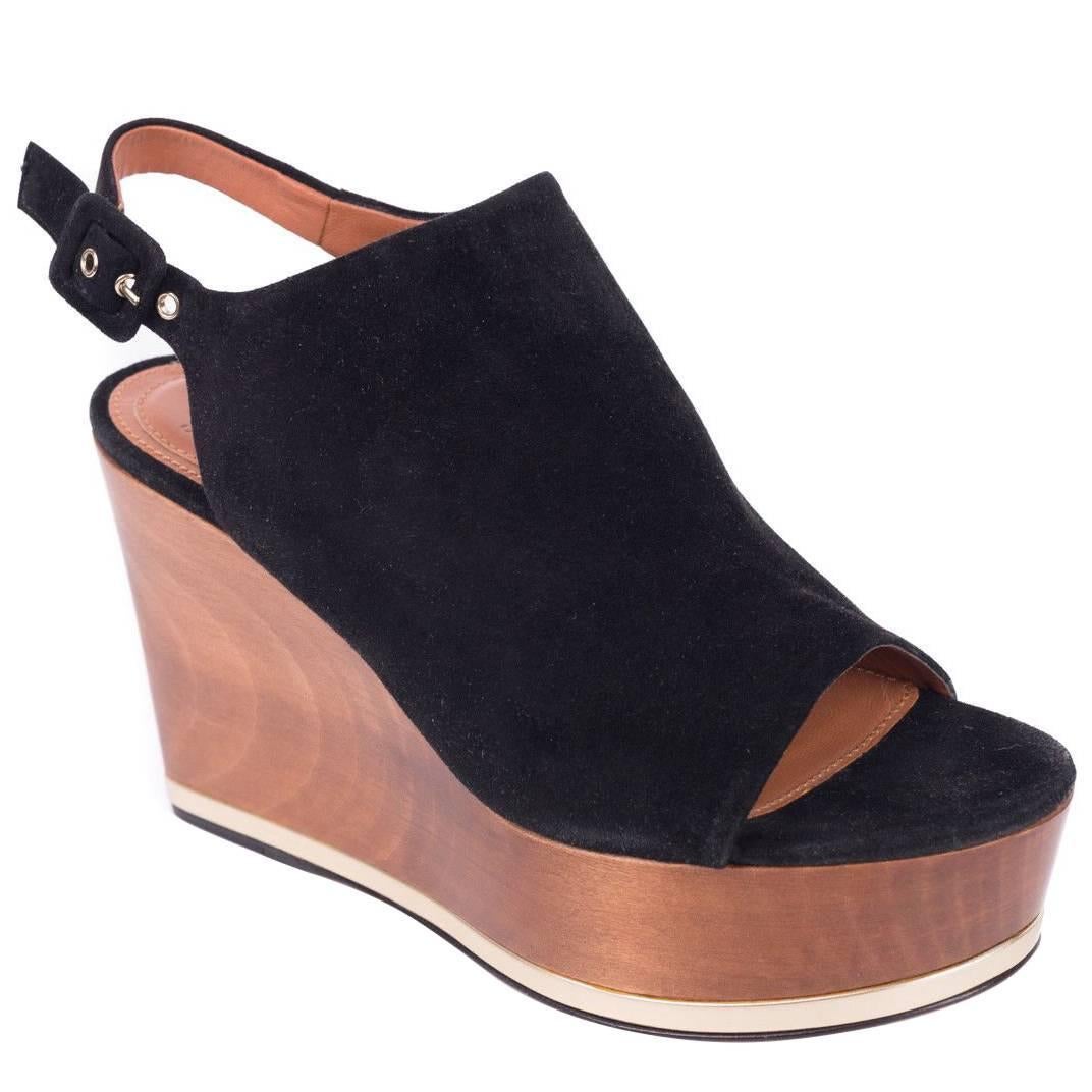 Givenchy Black Suede Gold Trim Wooden Wedge Heels For Sale