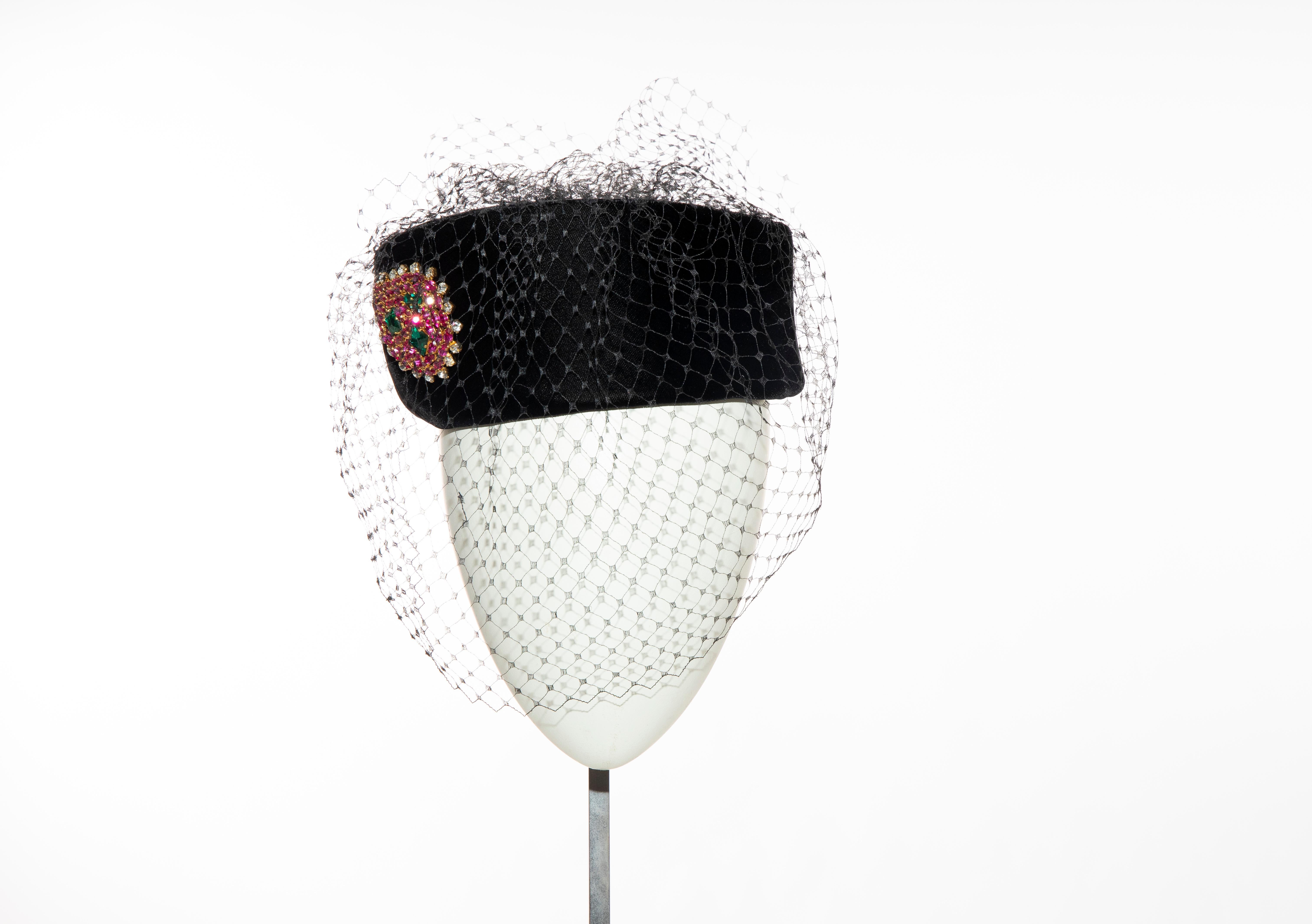 Givenchy Black Velvet Pillbox Hat Crystal Brooch Birdcage Veil, Circa: 1980's For Sale 3