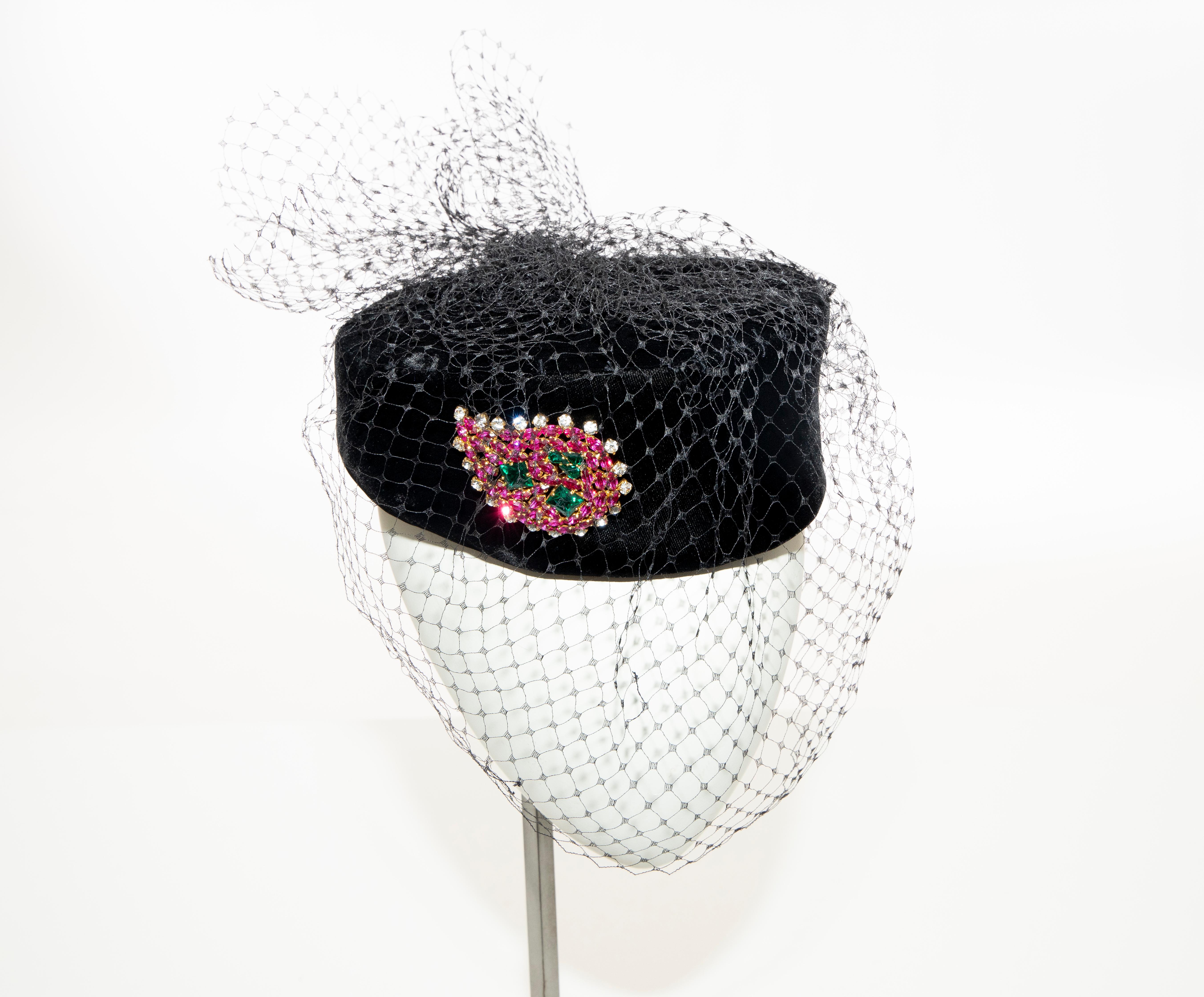 Givenchy Black Velvet Pillbox Hat Crystal Brooch Birdcage Veil, Circa: 1980's For Sale 4