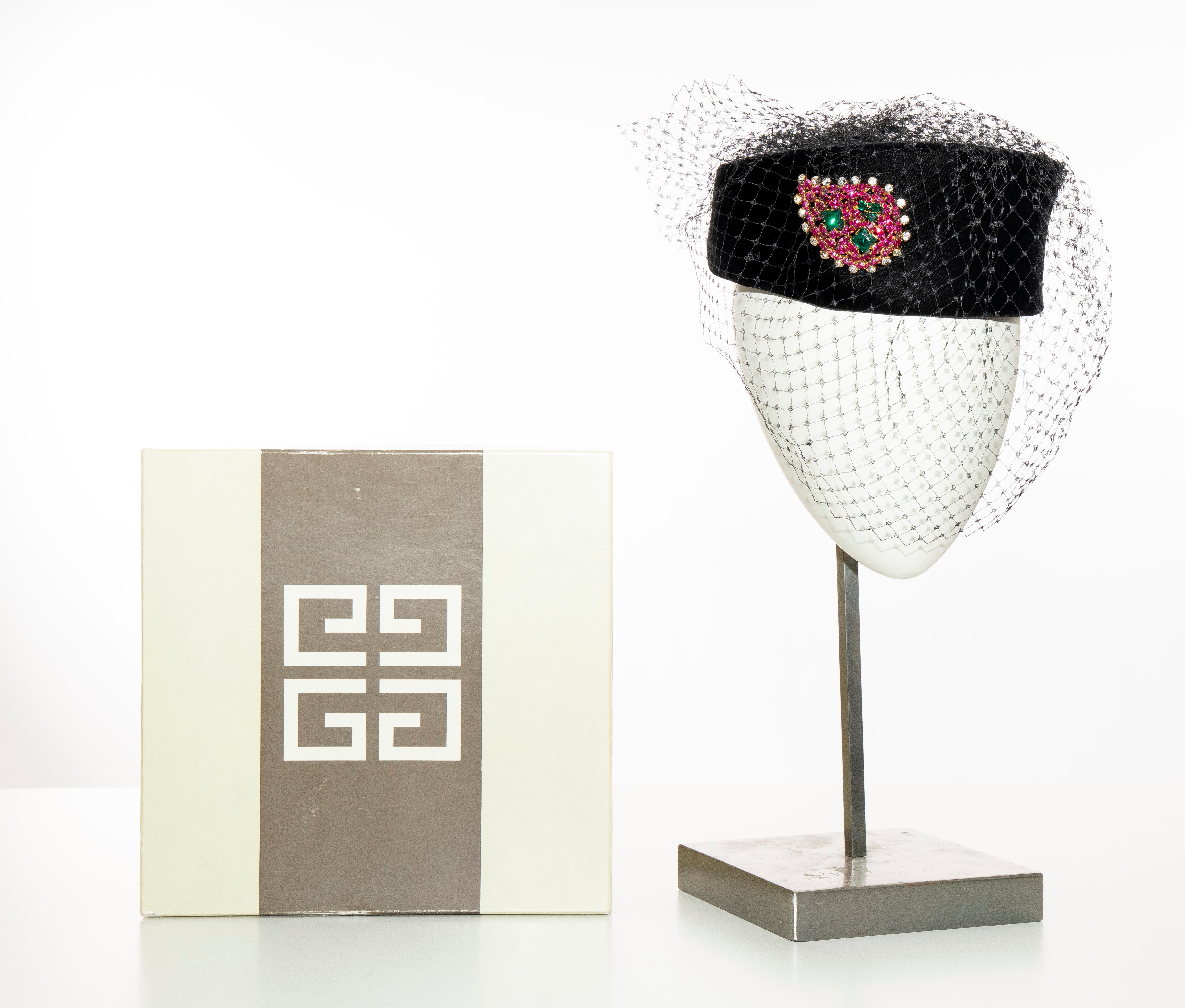 Givenchy Black Velvet Pillbox Hat Crystal Brooch Birdcage Veil, Circa: 1980's For Sale 5