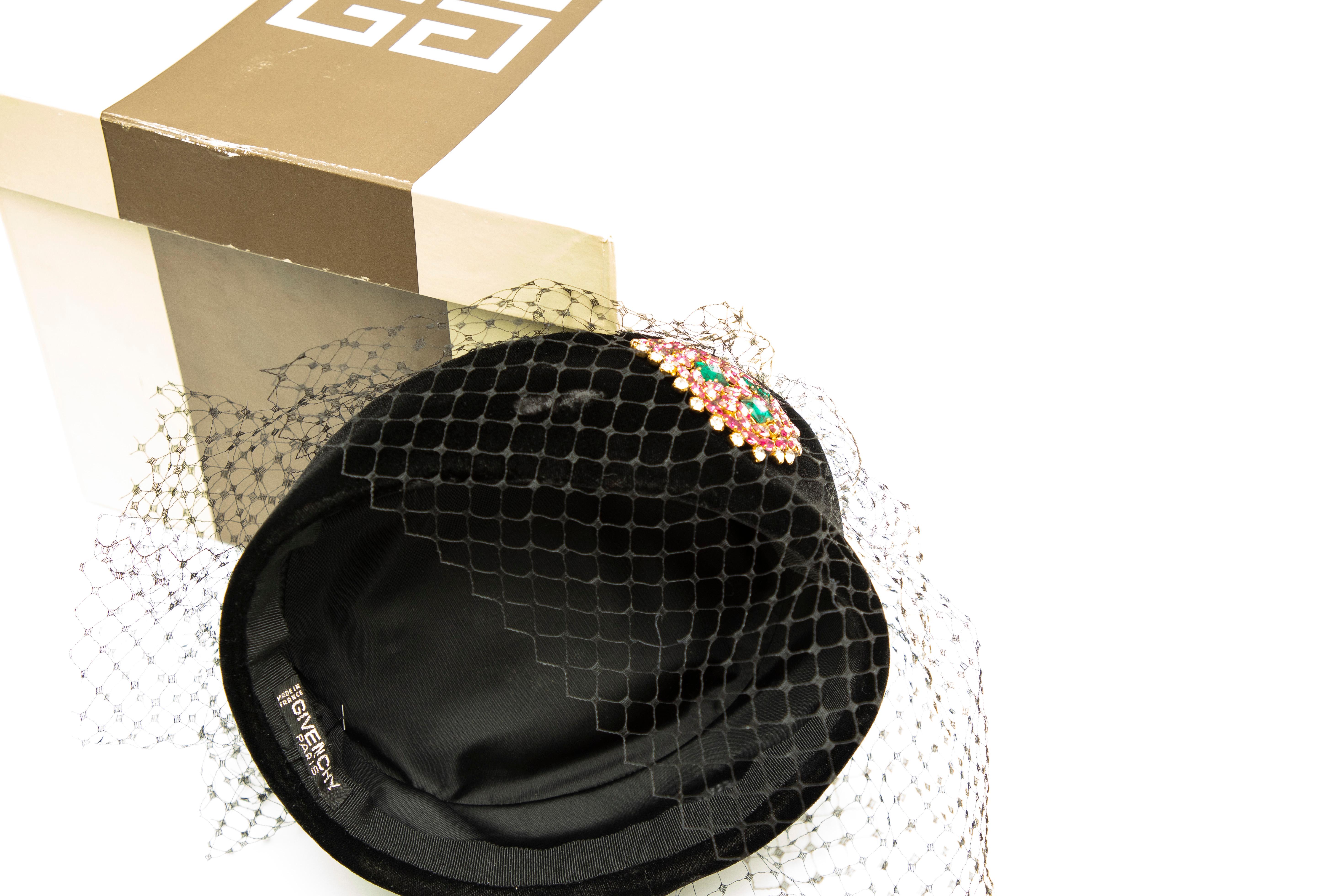Givenchy Black Velvet Pillbox Hat Crystal Brooch Birdcage Veil, Circa: 1980's For Sale 6