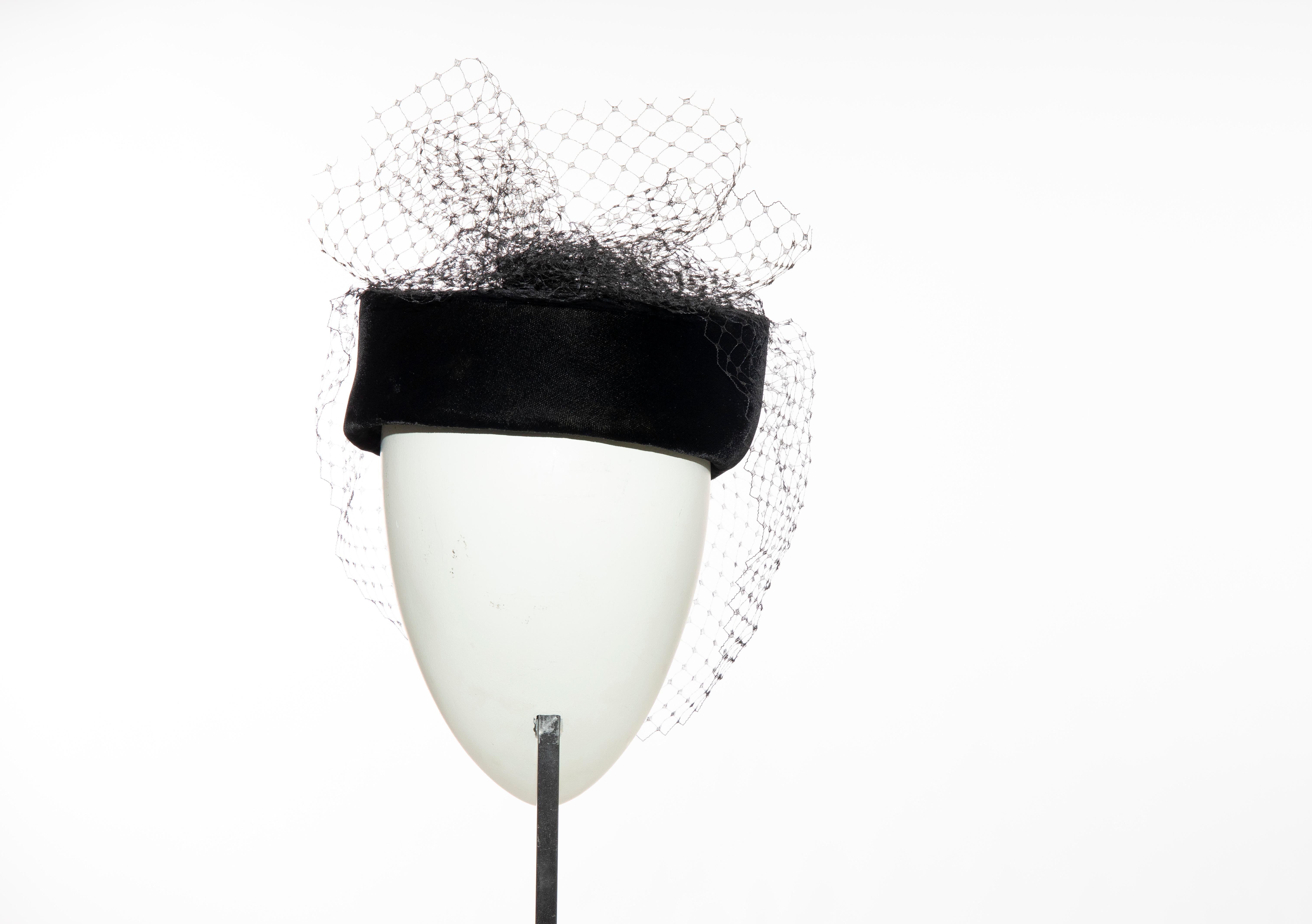 Givenchy Black Velvet Pillbox Hat Crystal Brooch Birdcage Veil, Circa: 1980's In Excellent Condition For Sale In Cincinnati, OH