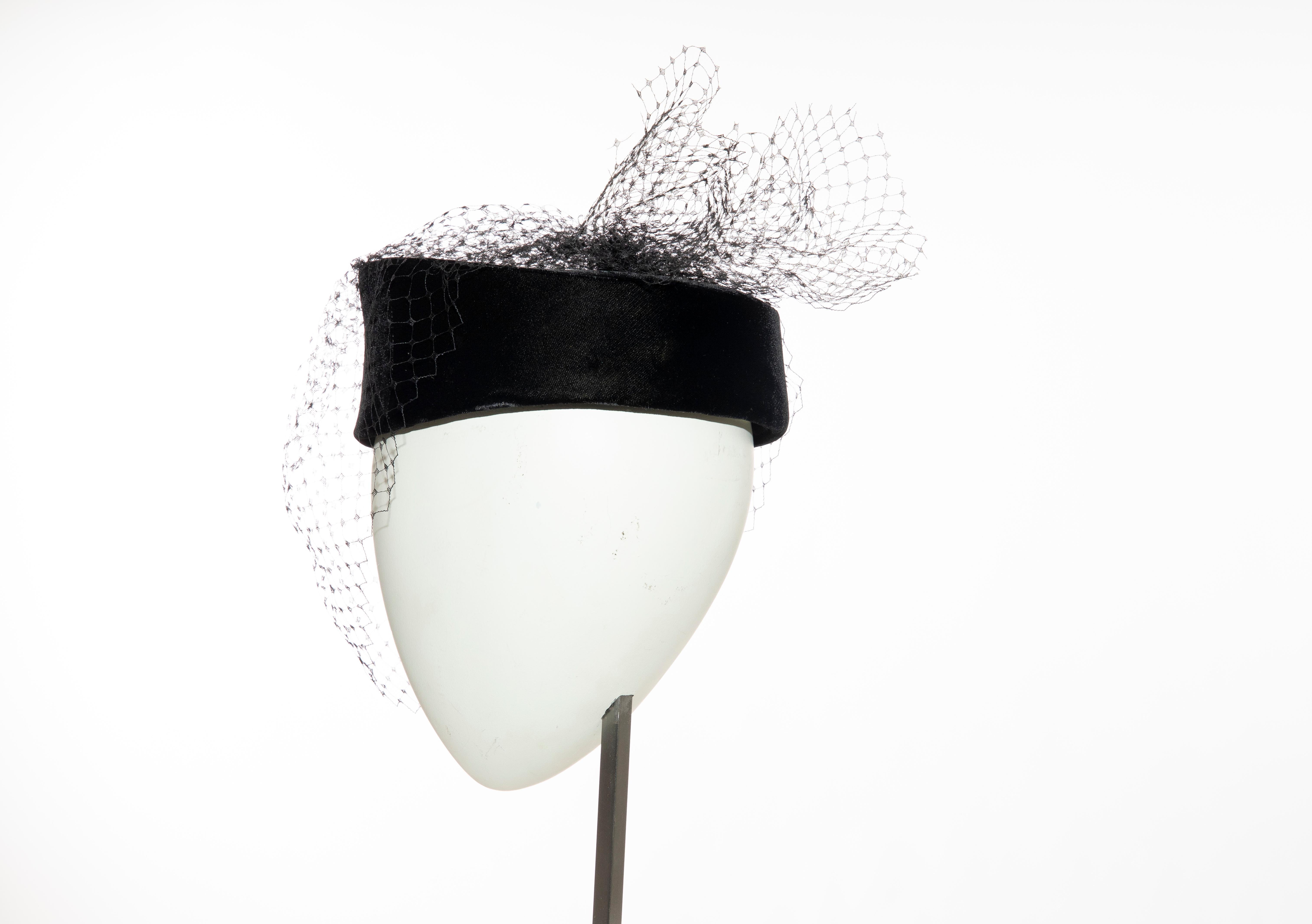 Women's Givenchy Black Velvet Pillbox Hat Crystal Brooch Birdcage Veil, Circa: 1980's For Sale