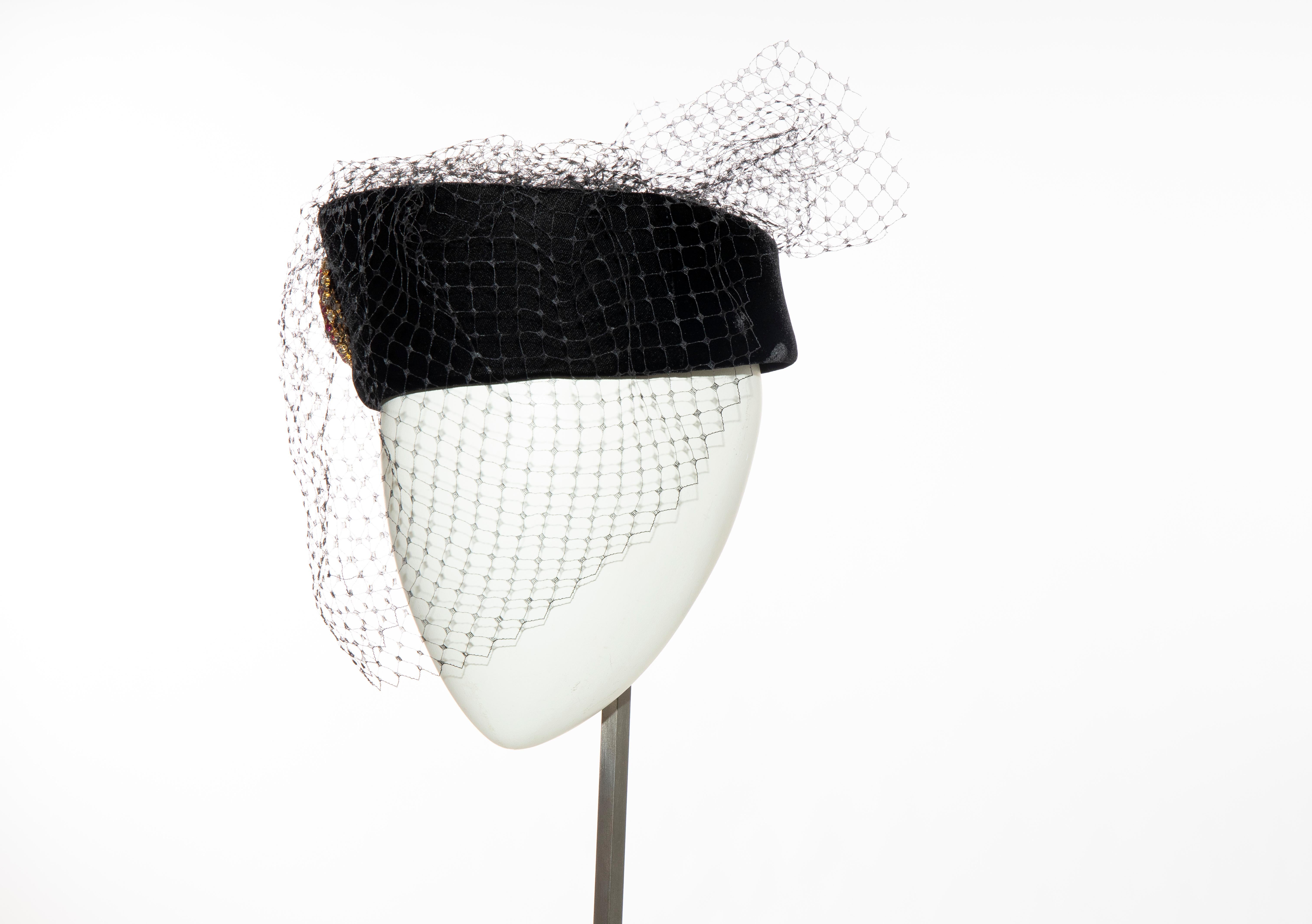 Givenchy Black Velvet Pillbox Hat Crystal Brooch Birdcage Veil, Circa: 1980's For Sale 1