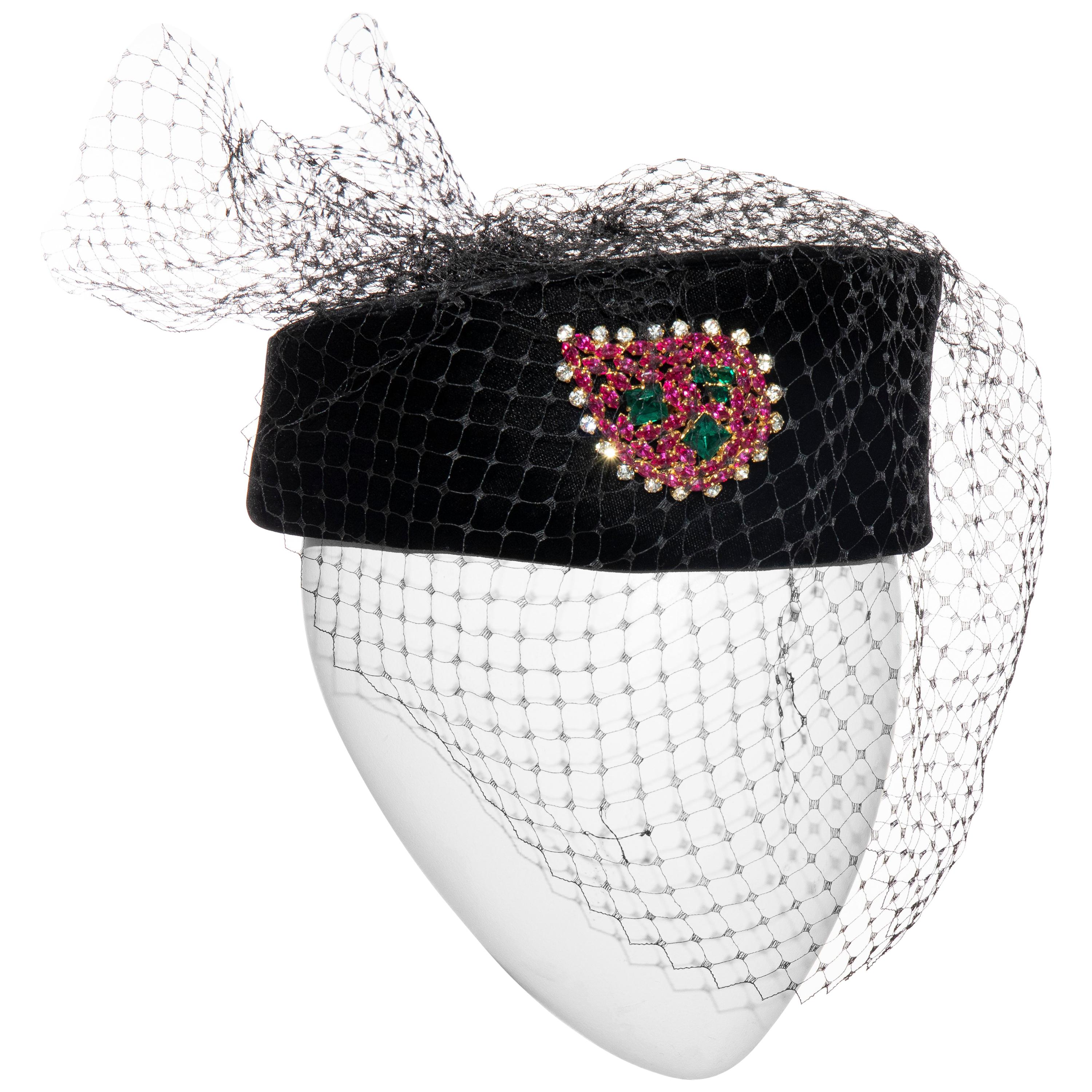 Givenchy Black Velvet Pillbox Hat Crystal Brooch Birdcage Veil, Circa: 1980's For Sale