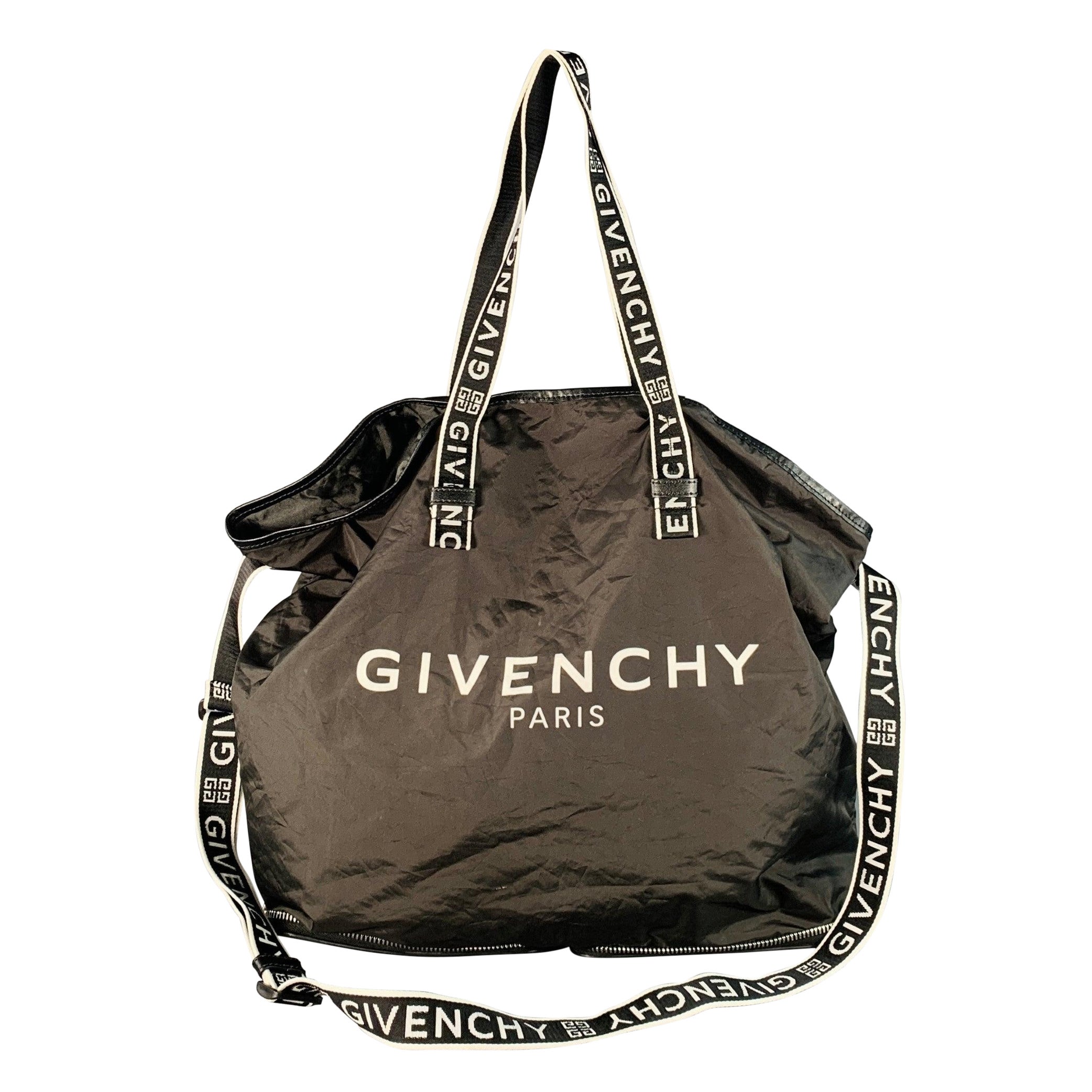 GIVENCHY Black White Logo Nylon Foldable Zip Up Tote Bag For Sale