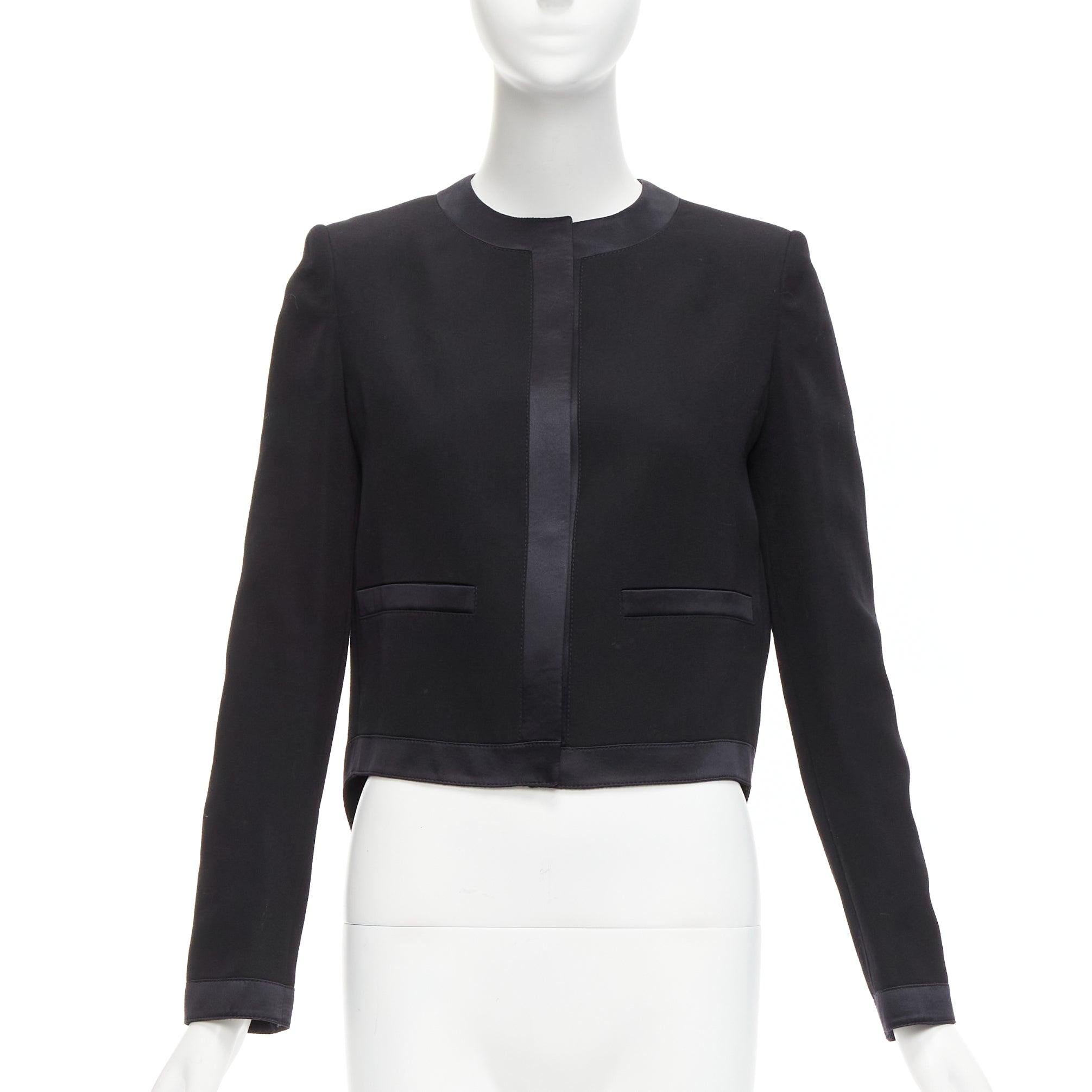 GIVENCHY black wool silk trim high low hem minimal classic jacket FR38 M In Excellent Condition For Sale In Hong Kong, NT