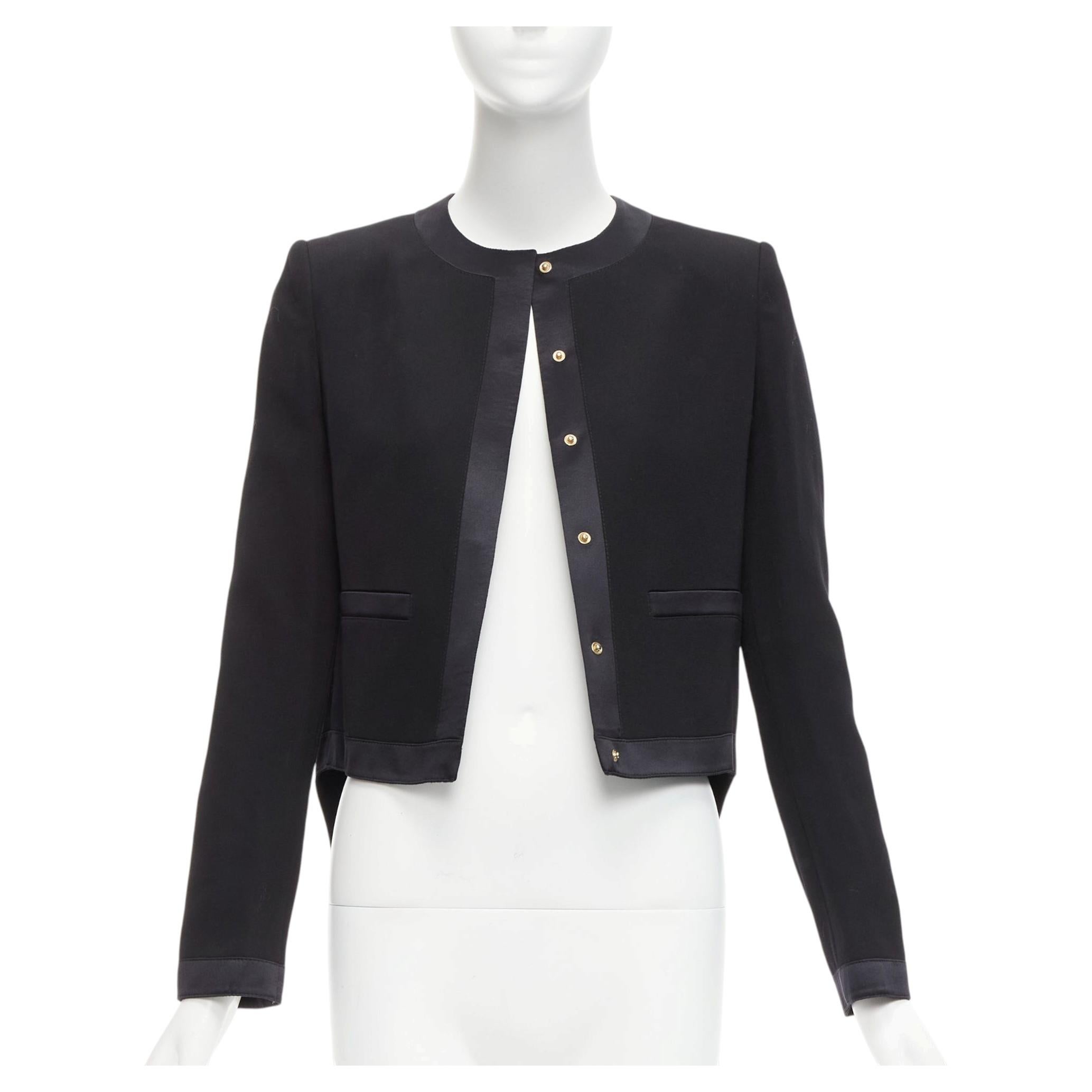 GIVENCHY Schwarze Wolle mit Seidenbesatz, hoher niedriger Saum, minimalistische klassische Jacke FR38 M im Angebot