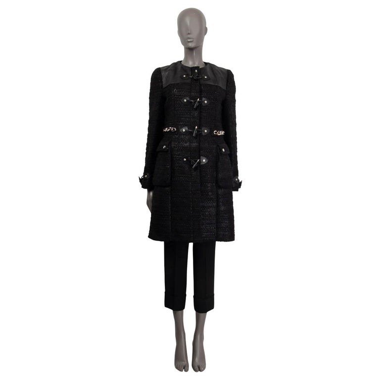 GIVENCHY black wool TWEED CHAIN EMBELLISHED DUFFLE Coat Jacket 38 S For