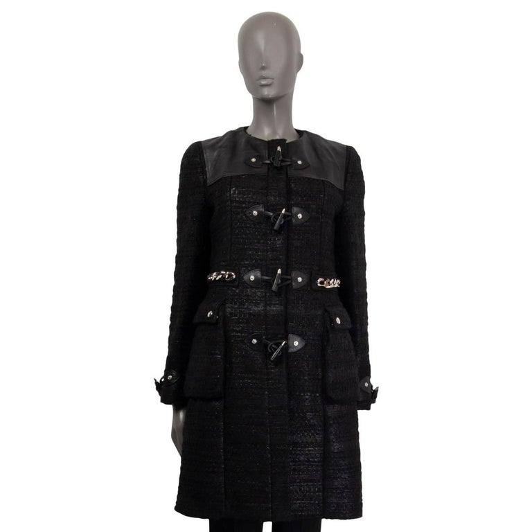 GIVENCHY black wool TWEED CHAIN EMBELLISHED DUFFLE Coat Jacket 38 S For