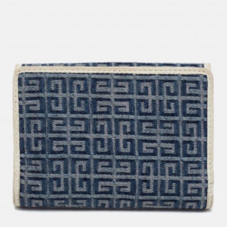 Nero Portafoglio compatto in tela e pelle con patta metallica Givenchy blu/crema Monogram in vendita