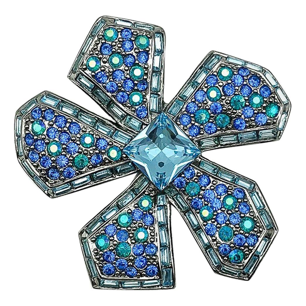 Givenchy Blue Crystal Flower Brooch 2000s