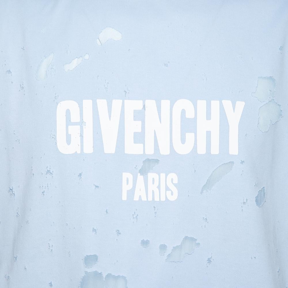 Givenchy Blue Distressed Cotton & Mesh Inset Logo Printed T-Shirt XS In Excellent Condition In Dubai, Al Qouz 2