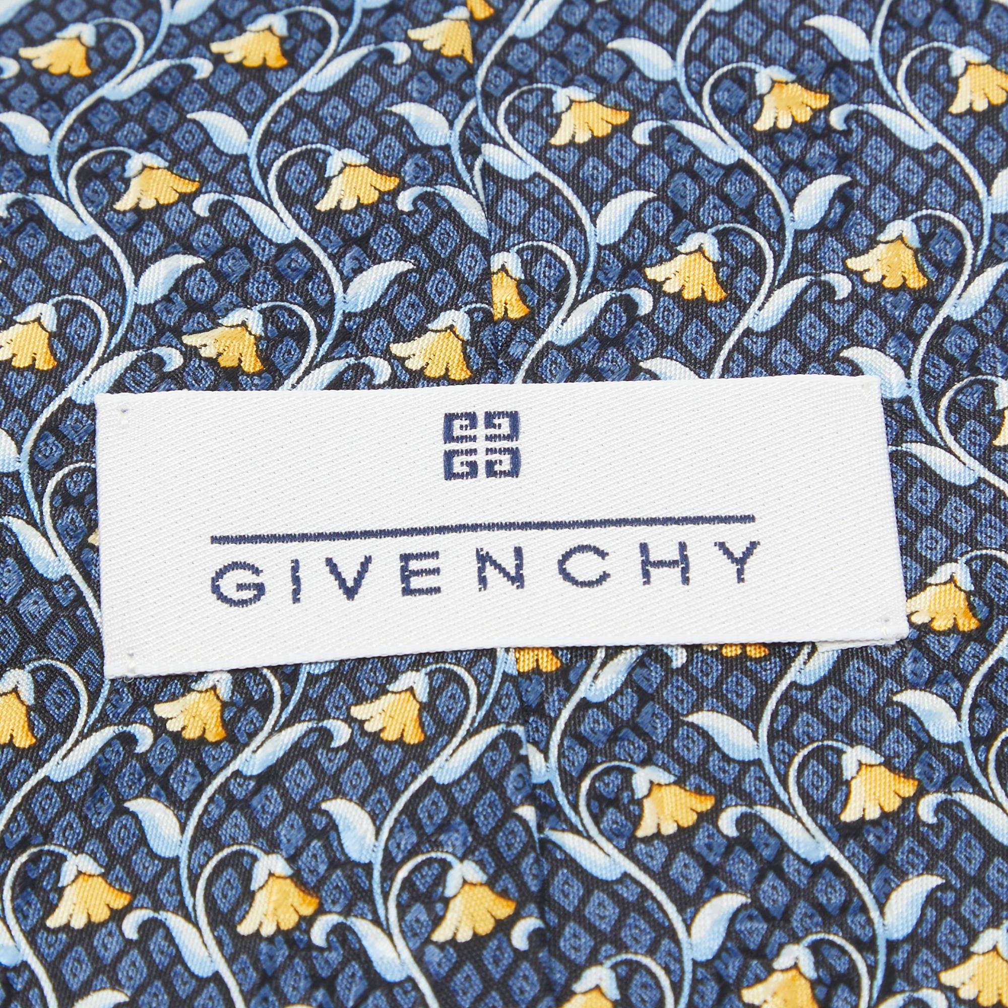 Gray Givenchy Blue Floral Print Silk Traditional Tie For Sale