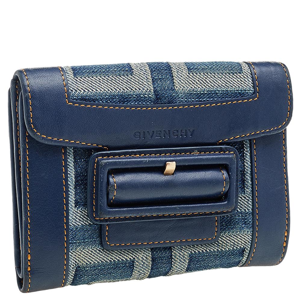 Black Givenchy Blue Monogram Denim And Leather Flap Compact Wallet