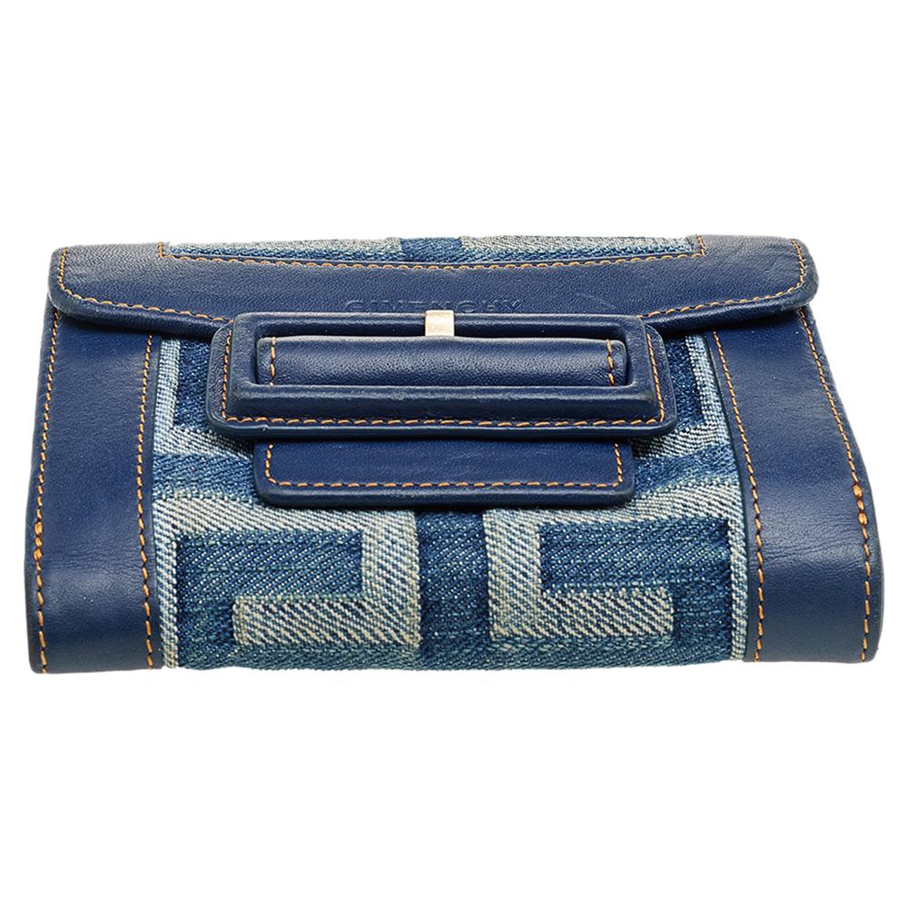 Women's Givenchy Blue Monogram Denim And Leather Flap Compact Wallet