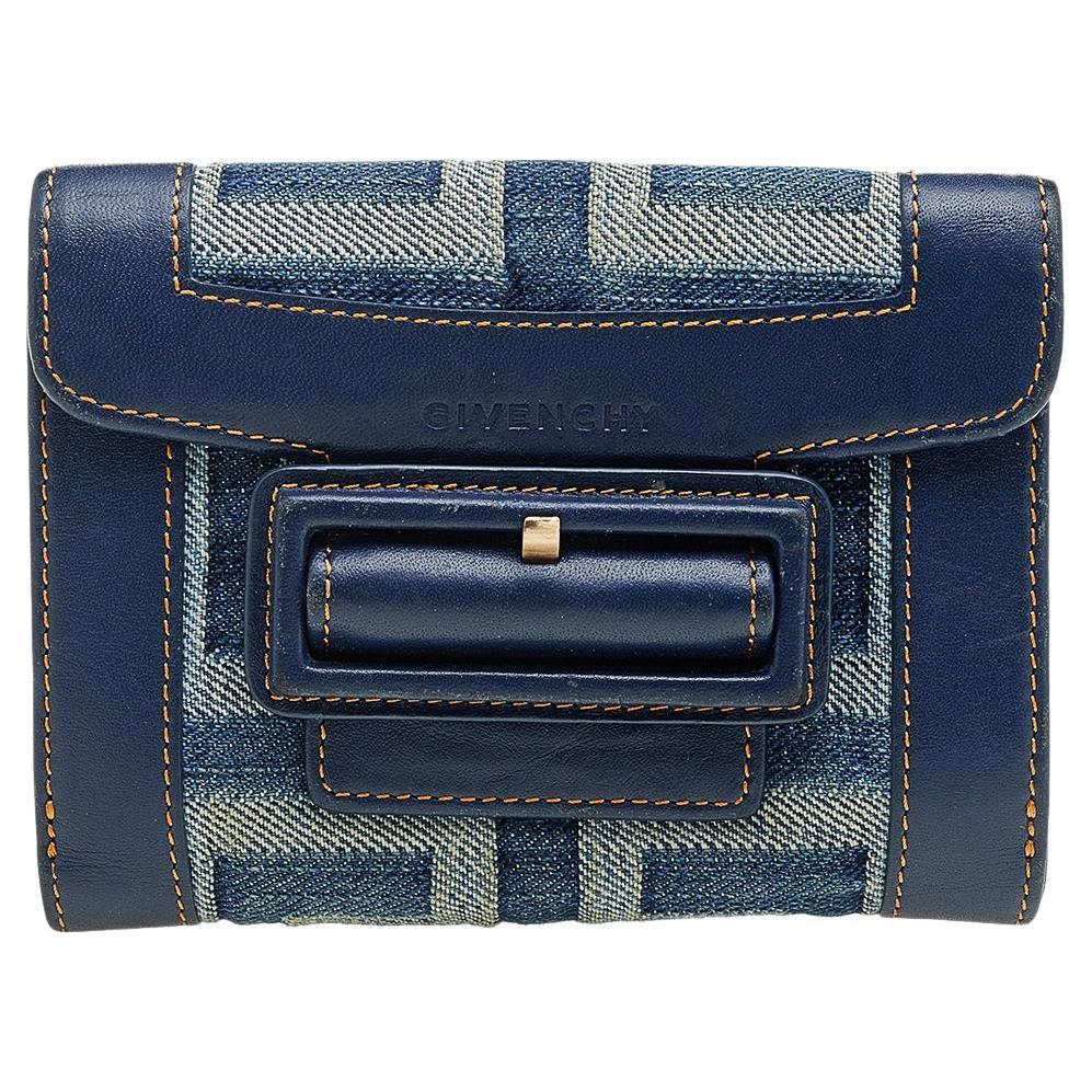 Givenchy Blue Monogram Denim And Leather Flap Compact Wallet