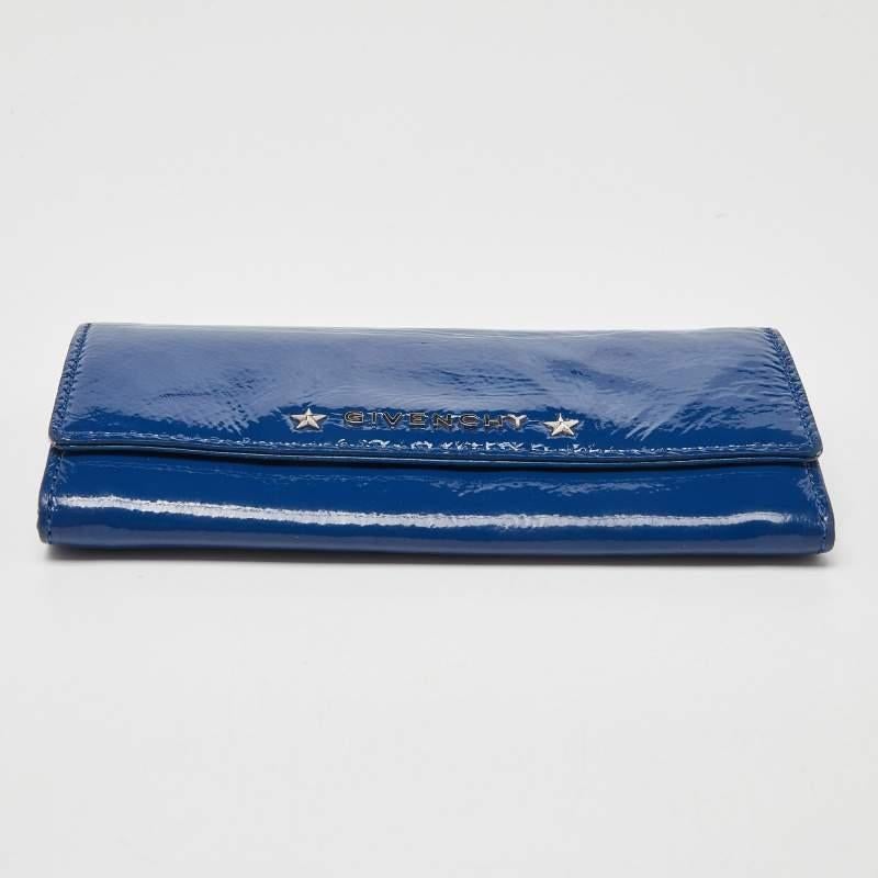 Givenchy Blue Patent Leather Logo Flap Continental Wallet For Sale 2