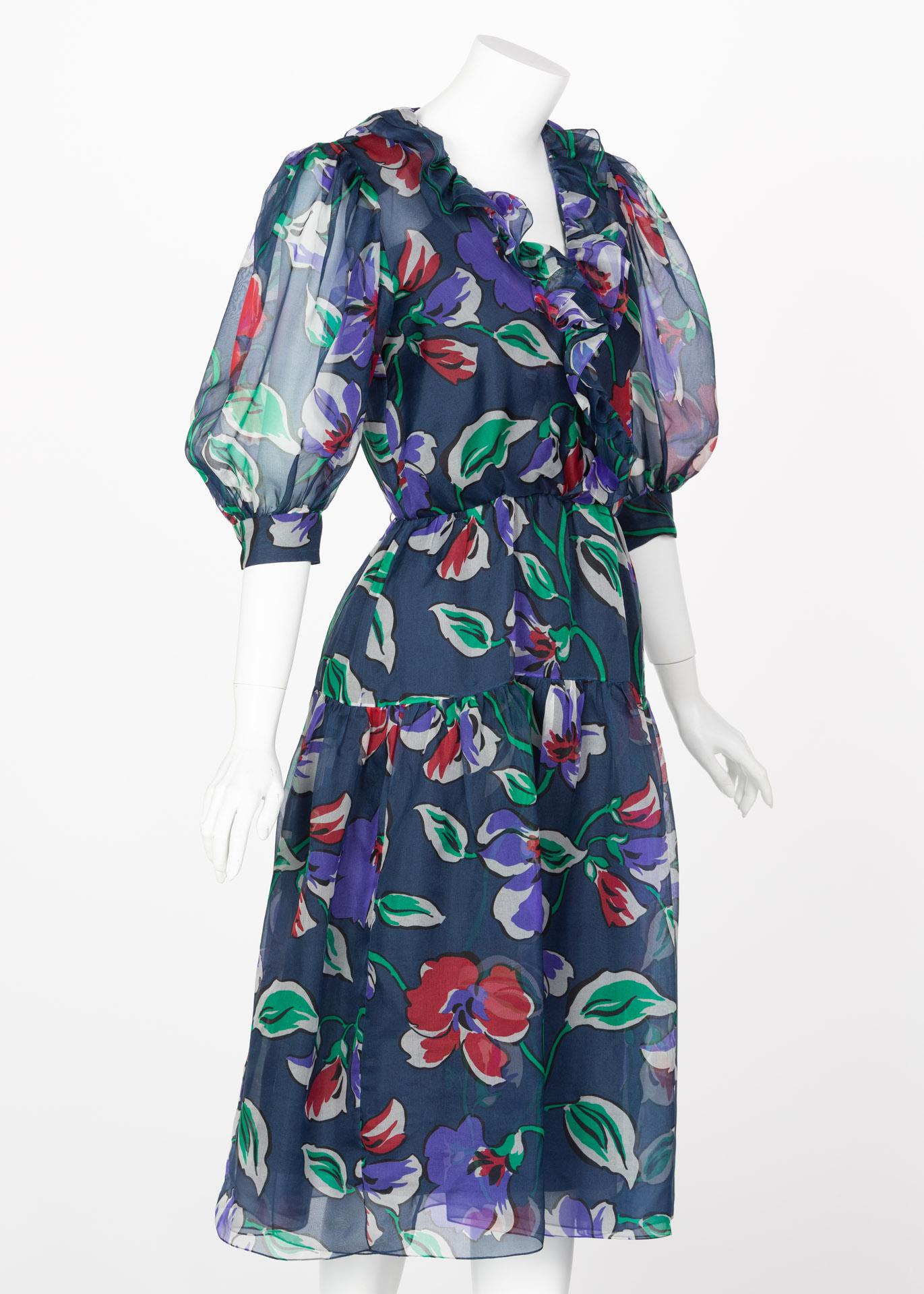 Givenchy Blue Silk Organza Floral Print Dress, 1970s In Good Condition In Boca Raton, FL