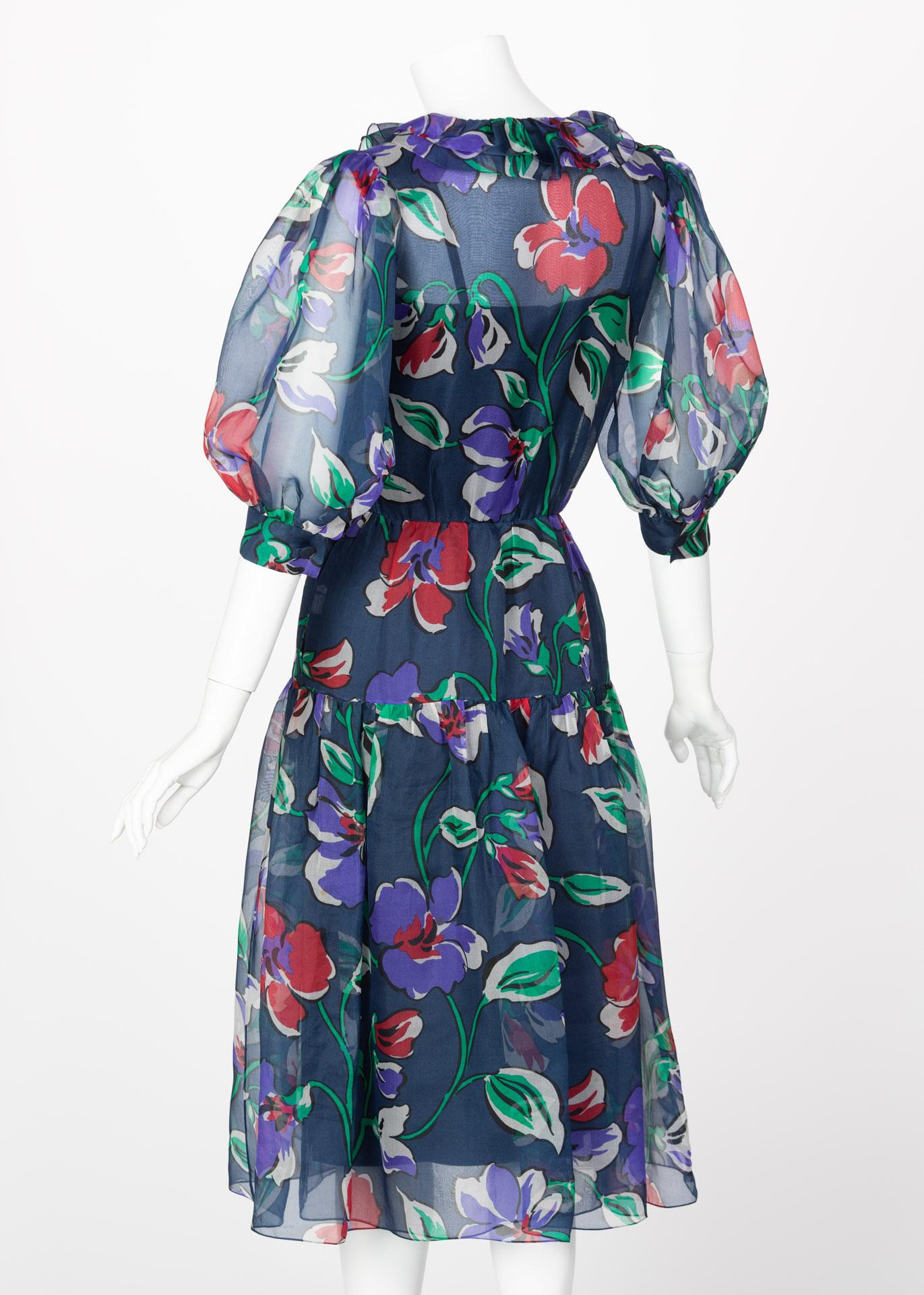 Women's Givenchy Blue Silk Organza Floral Print Dress, 1970s
