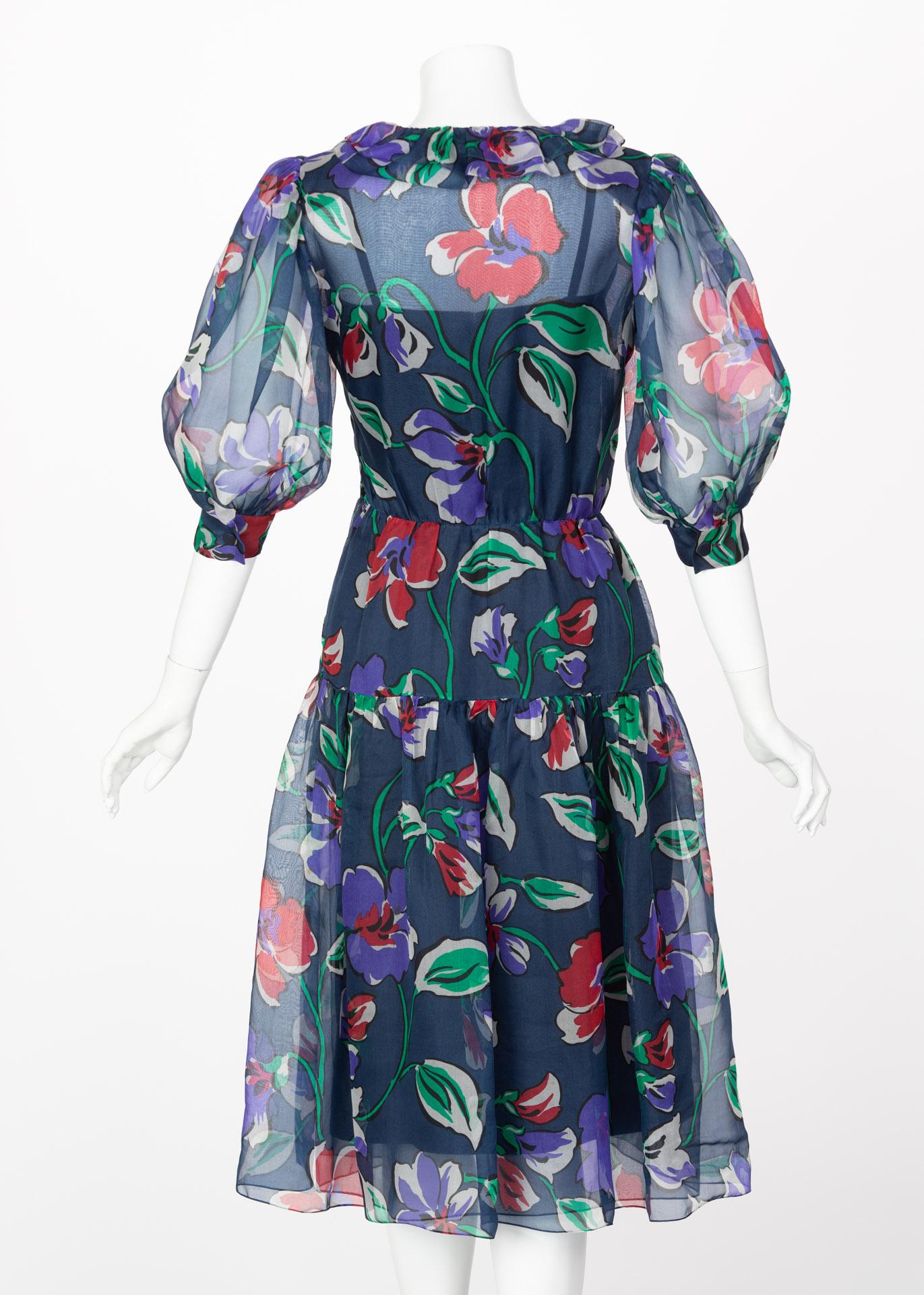 Givenchy Blue Silk Organza Floral Print Dress, 1970s 1