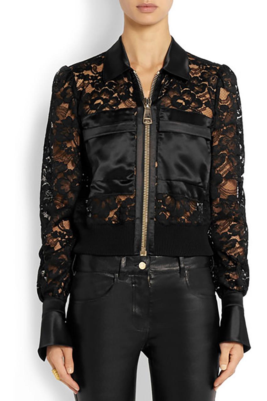 Givenchy Bomber jacket with silk-satin panels in black.

- Black lace and silk-satin
- Breast pockets
- Buttoned cuffs
- Ribbed hem
- Oversized gold toned zip fastening through front
- Fluted cuffs
- 82% cotton, 18% 
polyamide; trim1: 100% silk;
