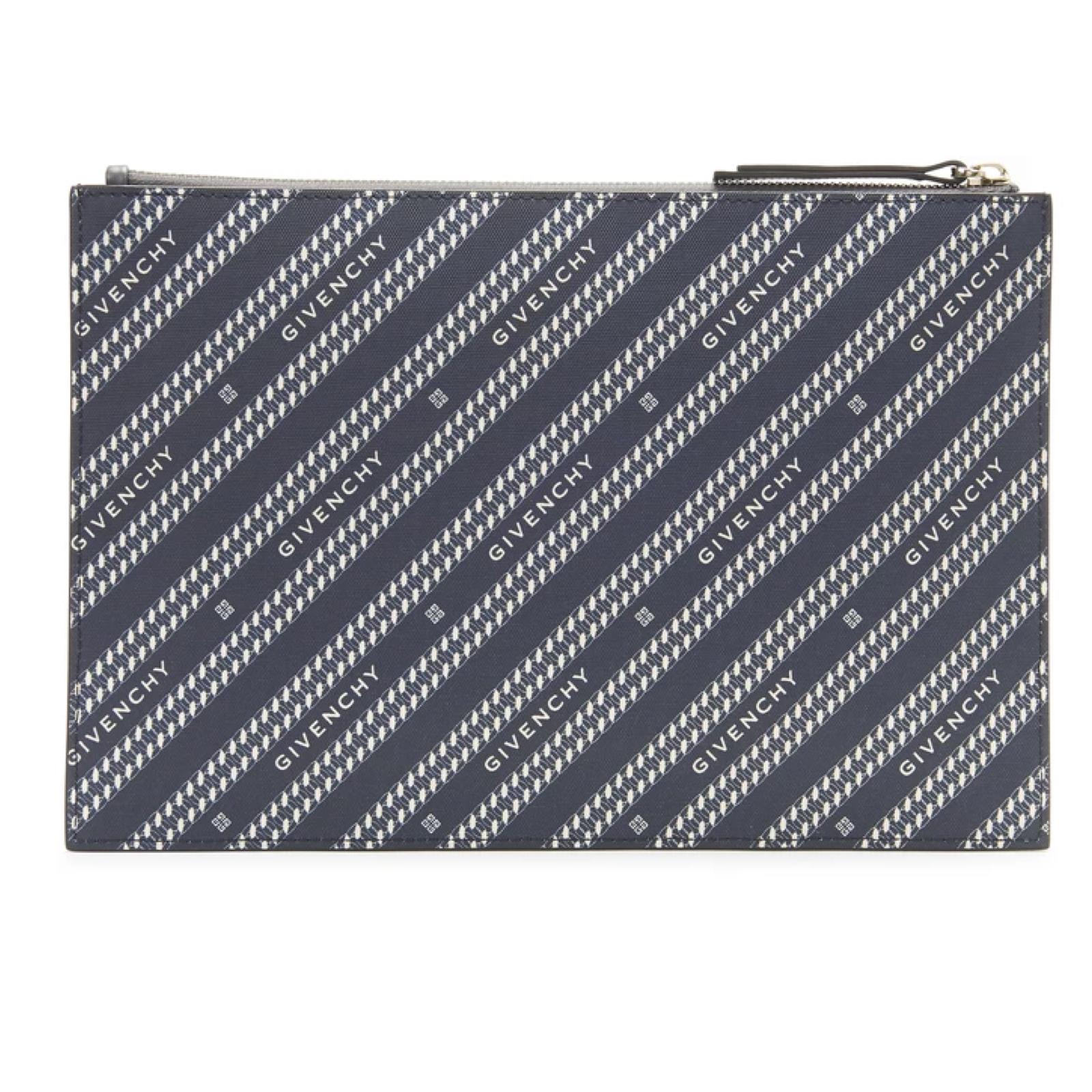 The medium Bond pouch in coated canvas features Givenchy's signature in a printed contrast chain. This pouch is equipped with a zip fastening and a flat interior pocket.

COLOR: Navy
MATERIAL: Coated canvas 
ITEM CODE: NED0220
MEASURES: L 7.5” x W