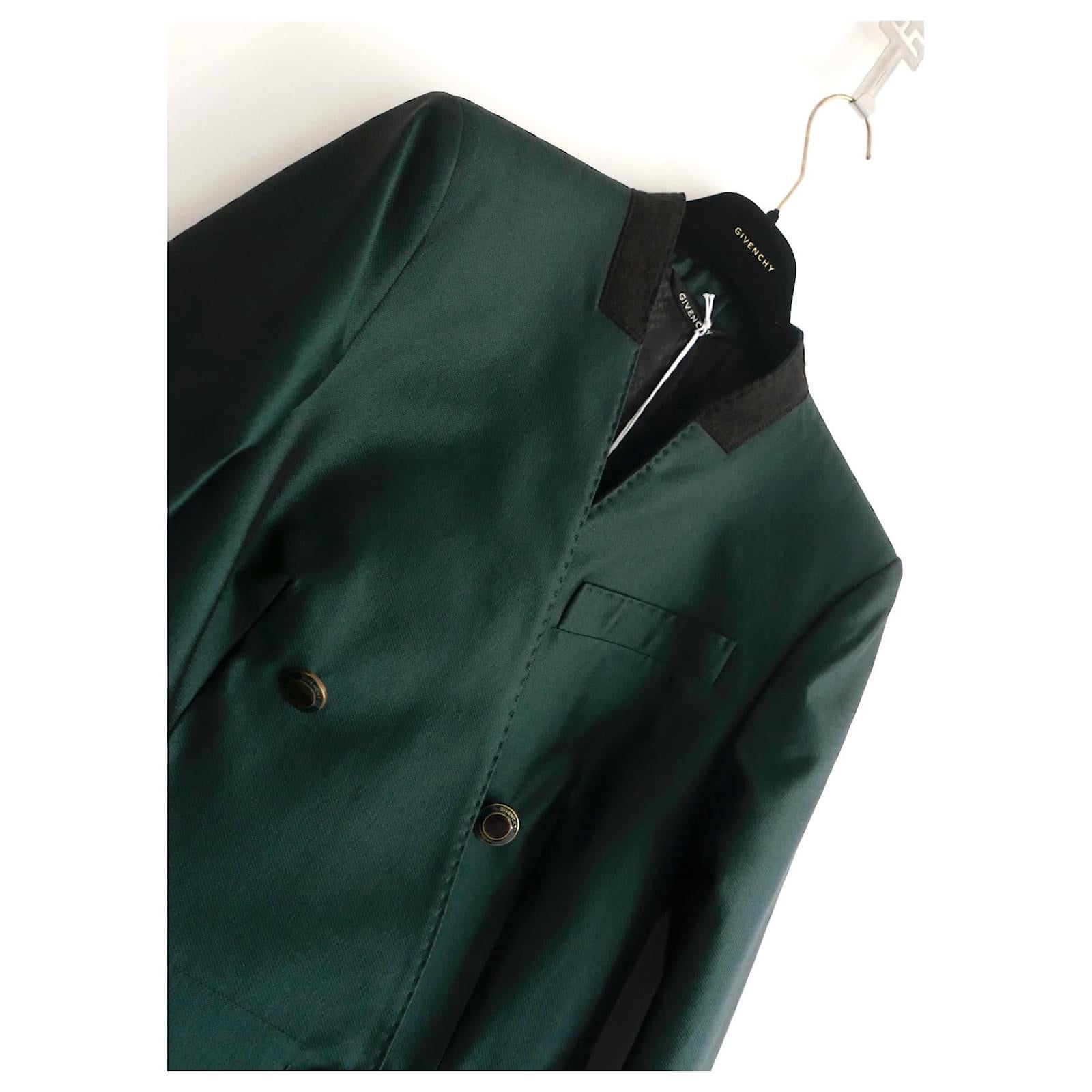 Impeccably tailored Givenchy bottle green wool and silk blazer jacket from Clare Waight Keller's SS20 collection. Look 46 on the runway. Bought for $2900 and unworn with tag/spare buttons and Givenchy hanger. Superbly structured with padded