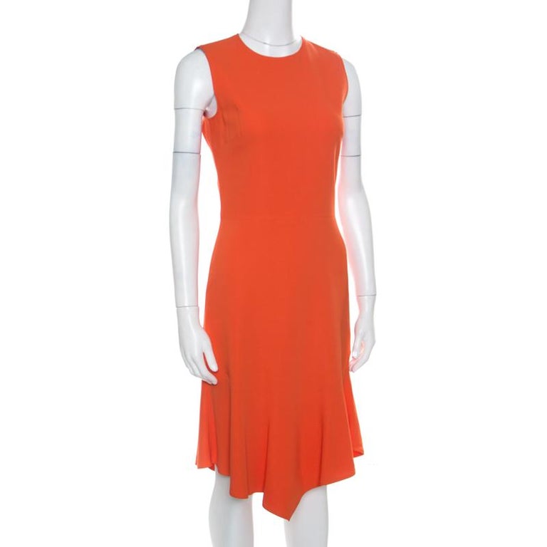 Givenchy Bright Orange Stretch Knit Sleeveless Asymmetric Hem Sheath ...